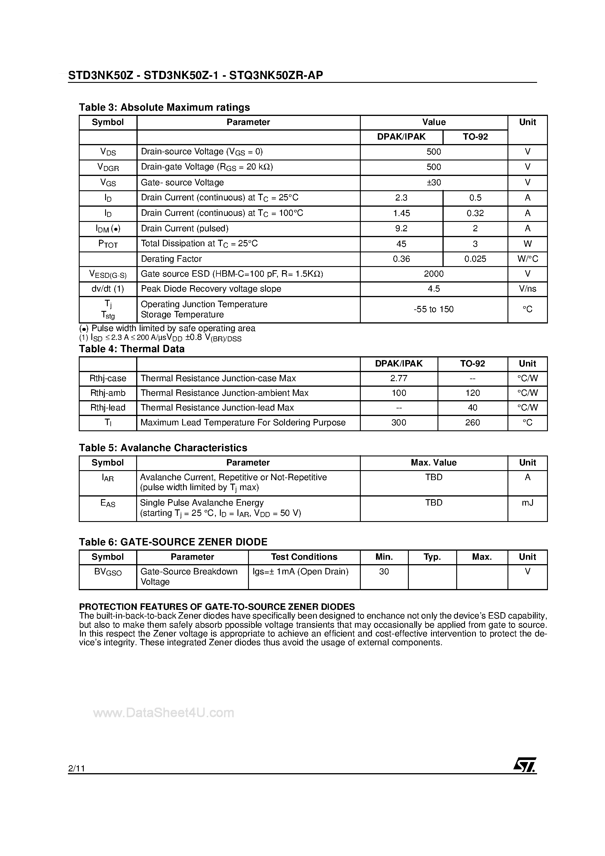 Datasheet STQ3NK50ZR-AP page 2 Datasheet STQ3NK50ZR-AP - N-CHANNEL MOSFET page 2