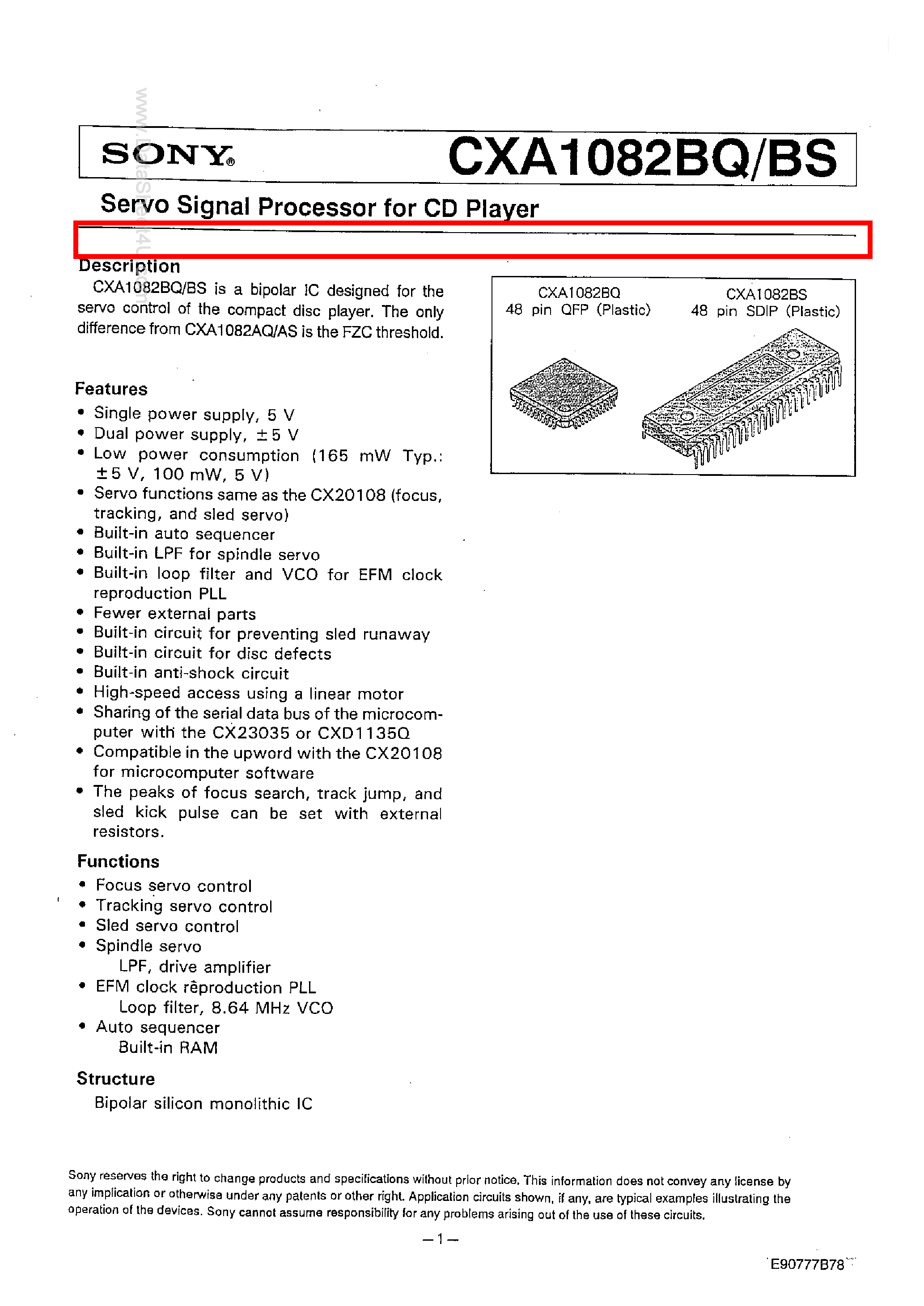 Datasheet CXA1082BQ page 1 Datasheet CXA1082BQ - Servo Signal Processor for CD Player page 1