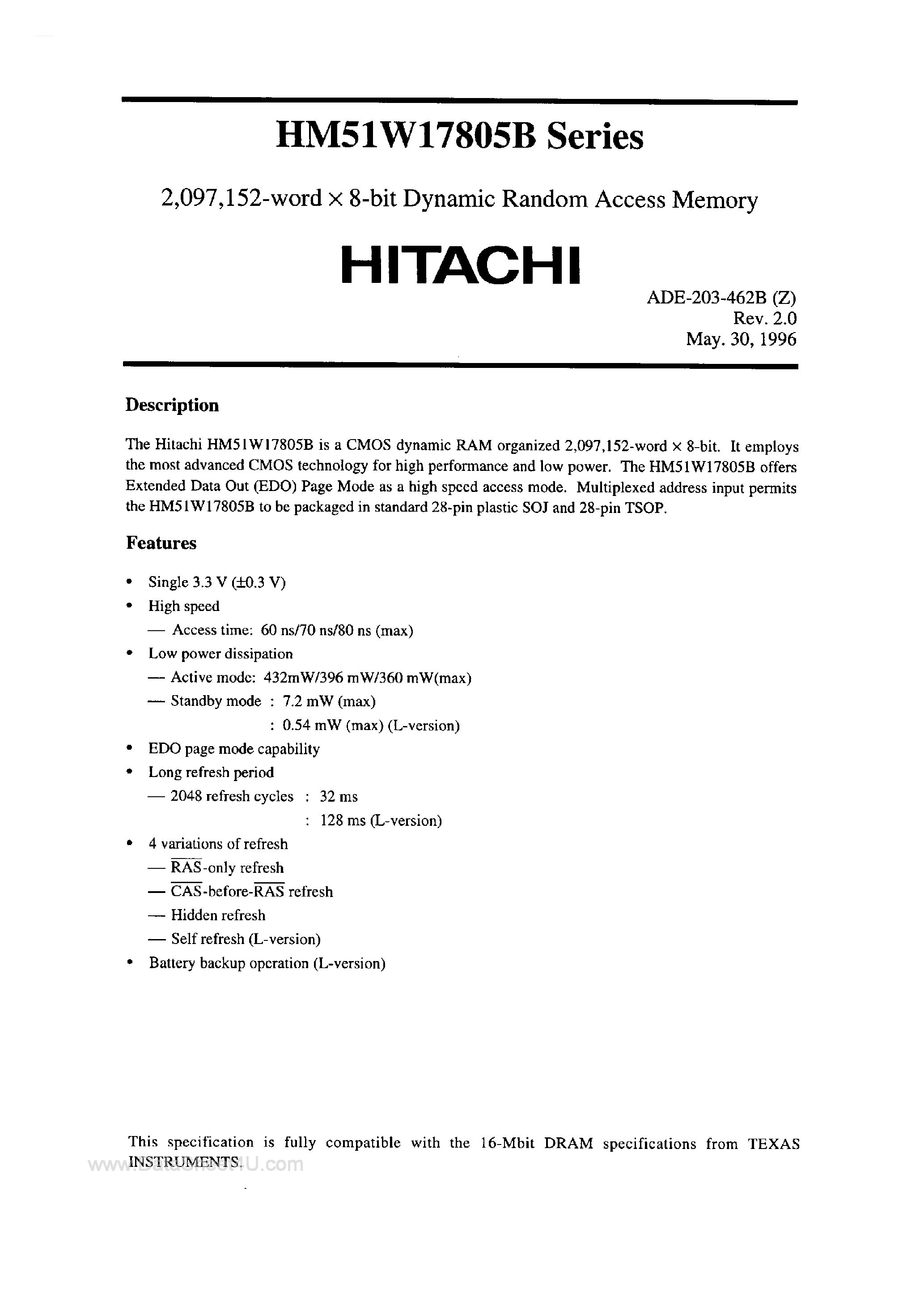 Даташит HM51W17805B - 2M x 8-Bit DRAM страница 1