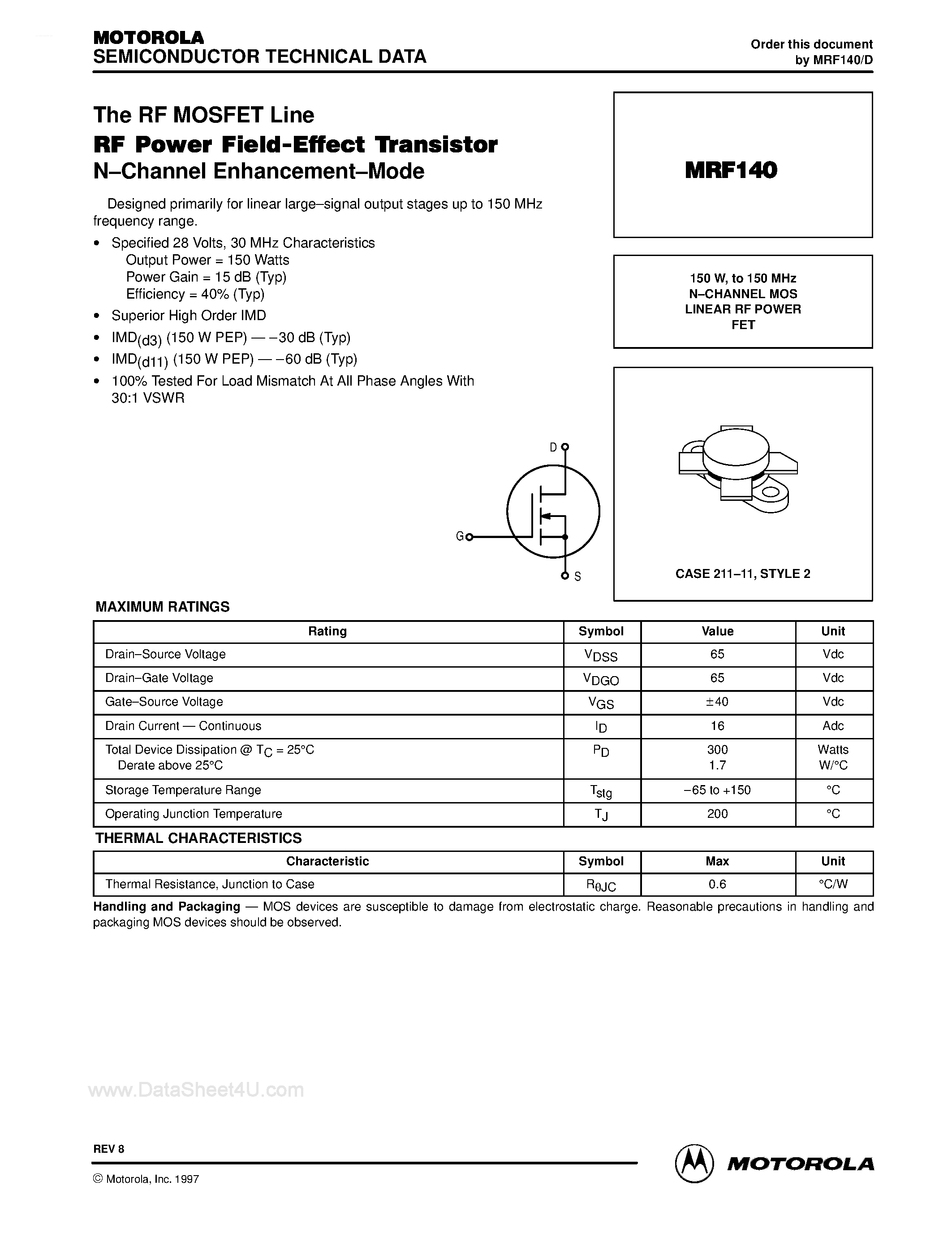 Datasheet MRF140 - N-CHANNEL MOS LINEAR RF POWER FET page 1