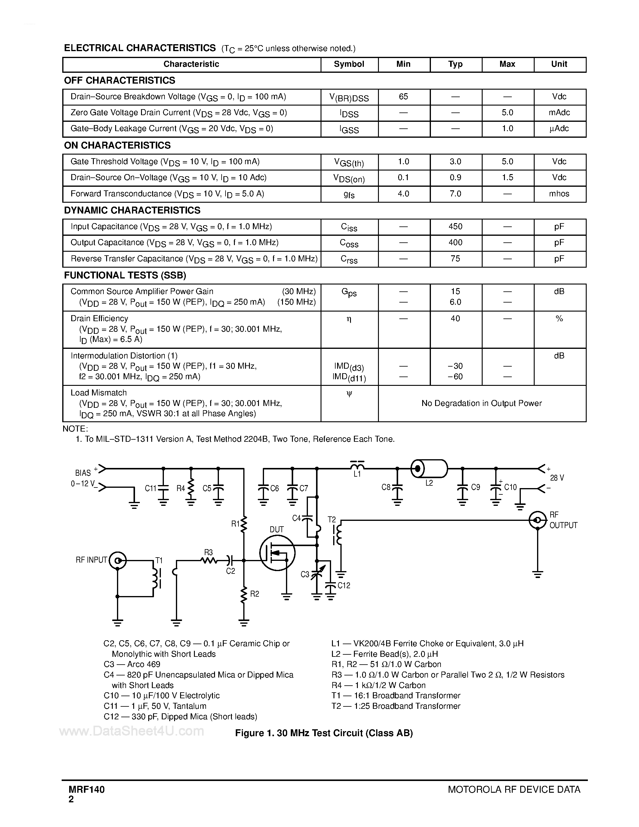 Datasheet MRF140 - N-CHANNEL MOS LINEAR RF POWER FET page 2