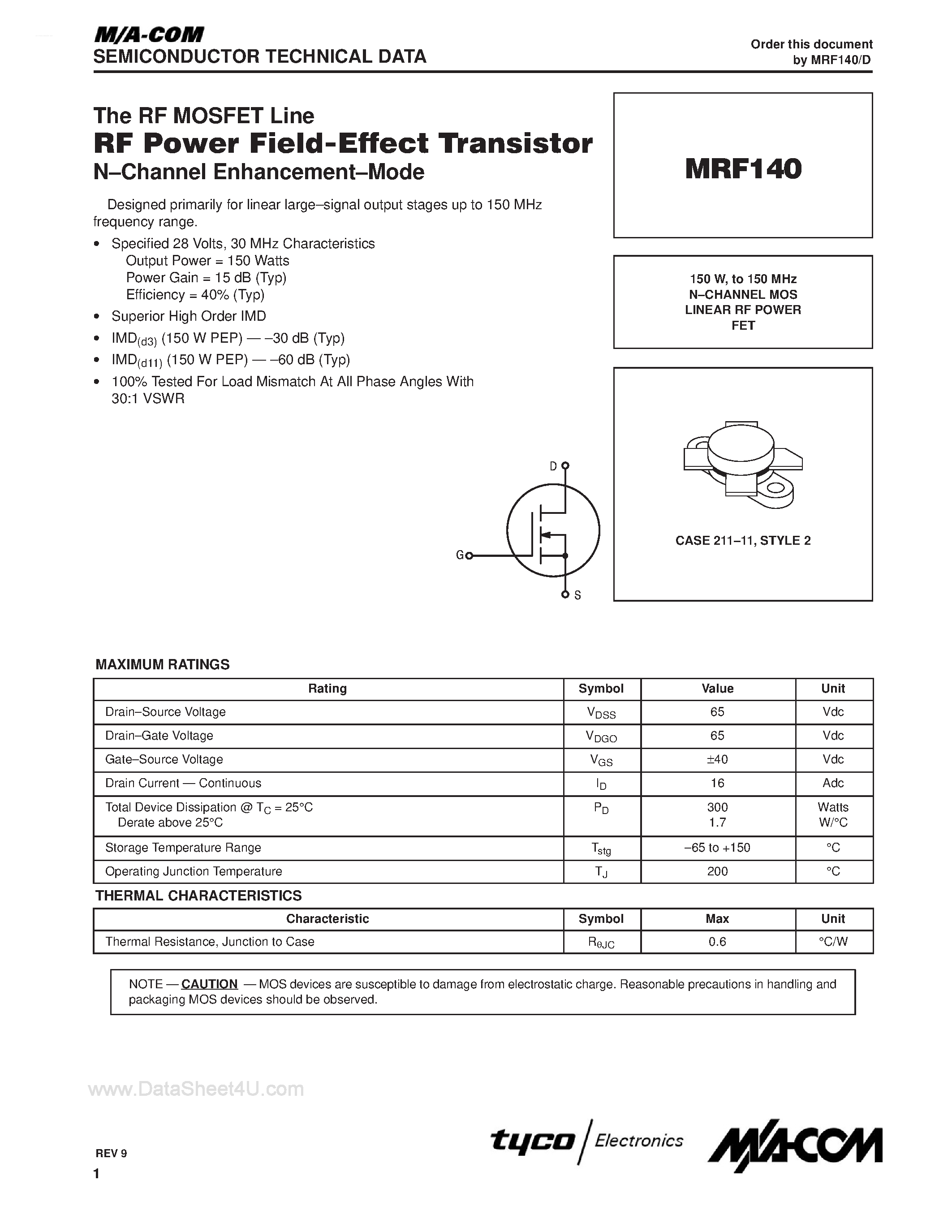 Datasheet MRF140 - N-CHANNEL MOS LINEAR RF POWER FET page 1