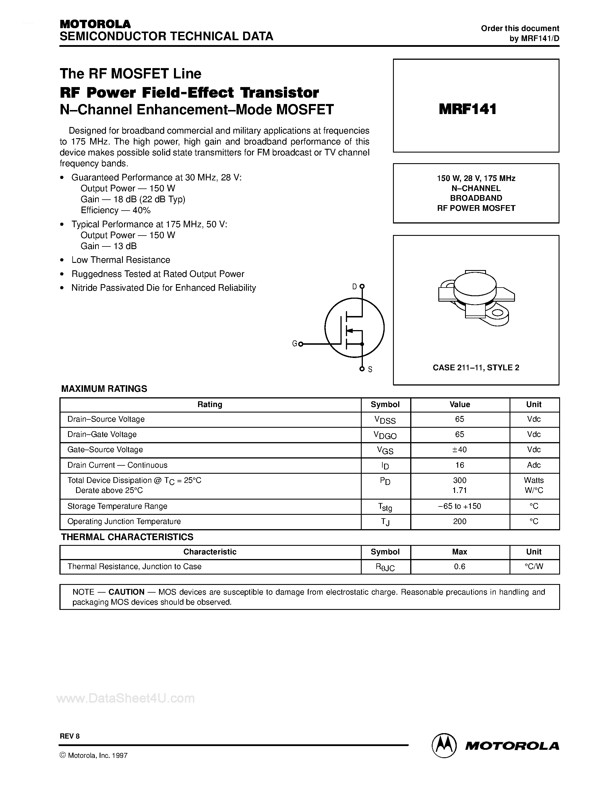 Datasheet MRF141 - N-CHANNEL BROADBAND RF POWER MOSFET page 1