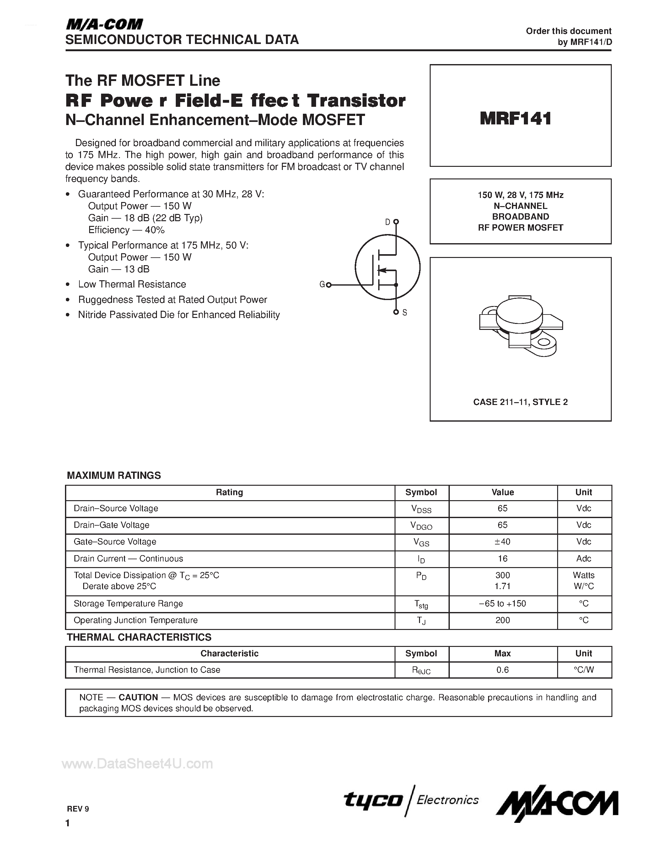 Datasheet MRF141 - N-CHANNEL BROADBAND RF POWER MOSFET page 1