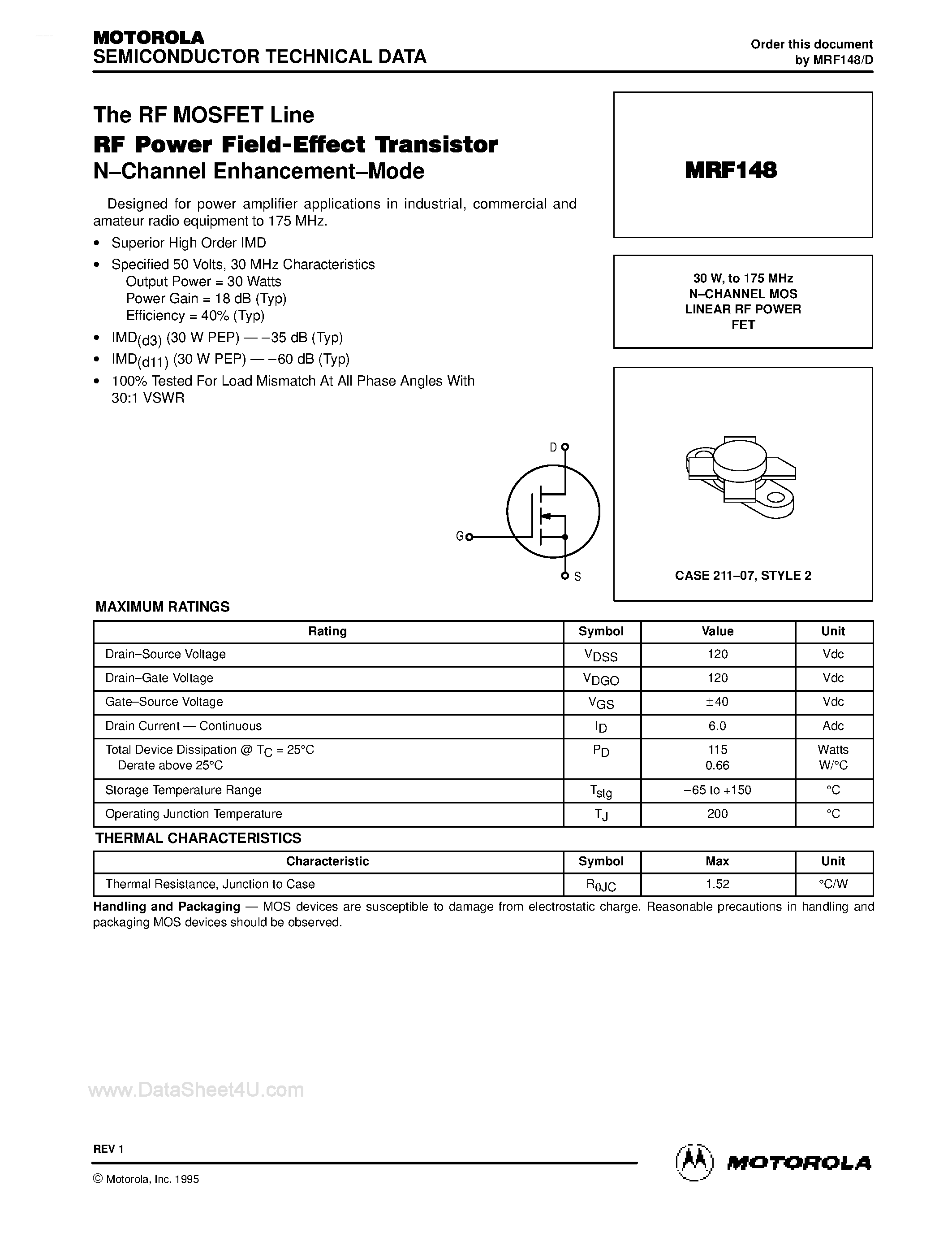 Datasheet MRF148 - N-CHANNEL MOS LINEAR RF POWER FET page 1