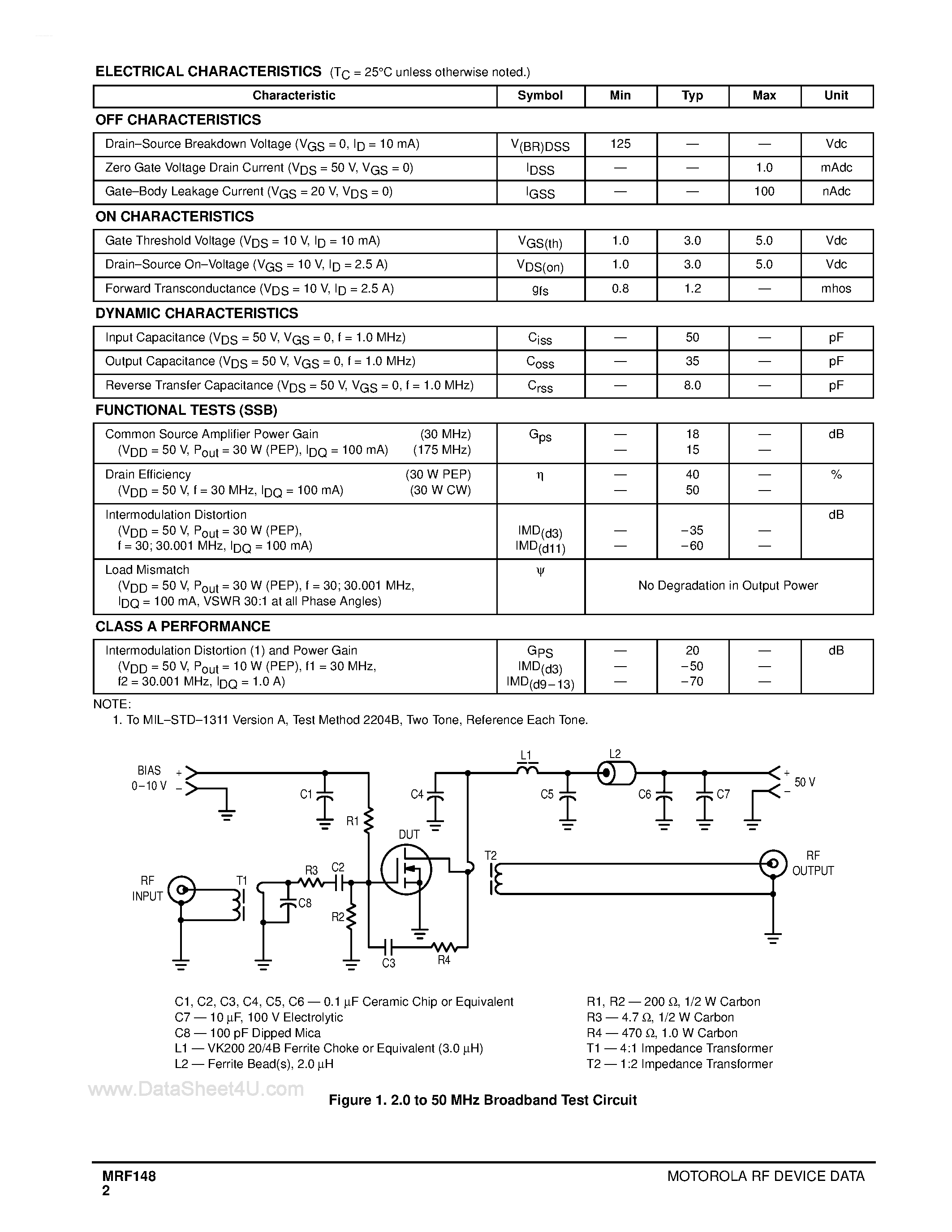 Datasheet MRF148 - N-CHANNEL MOS LINEAR RF POWER FET page 2
