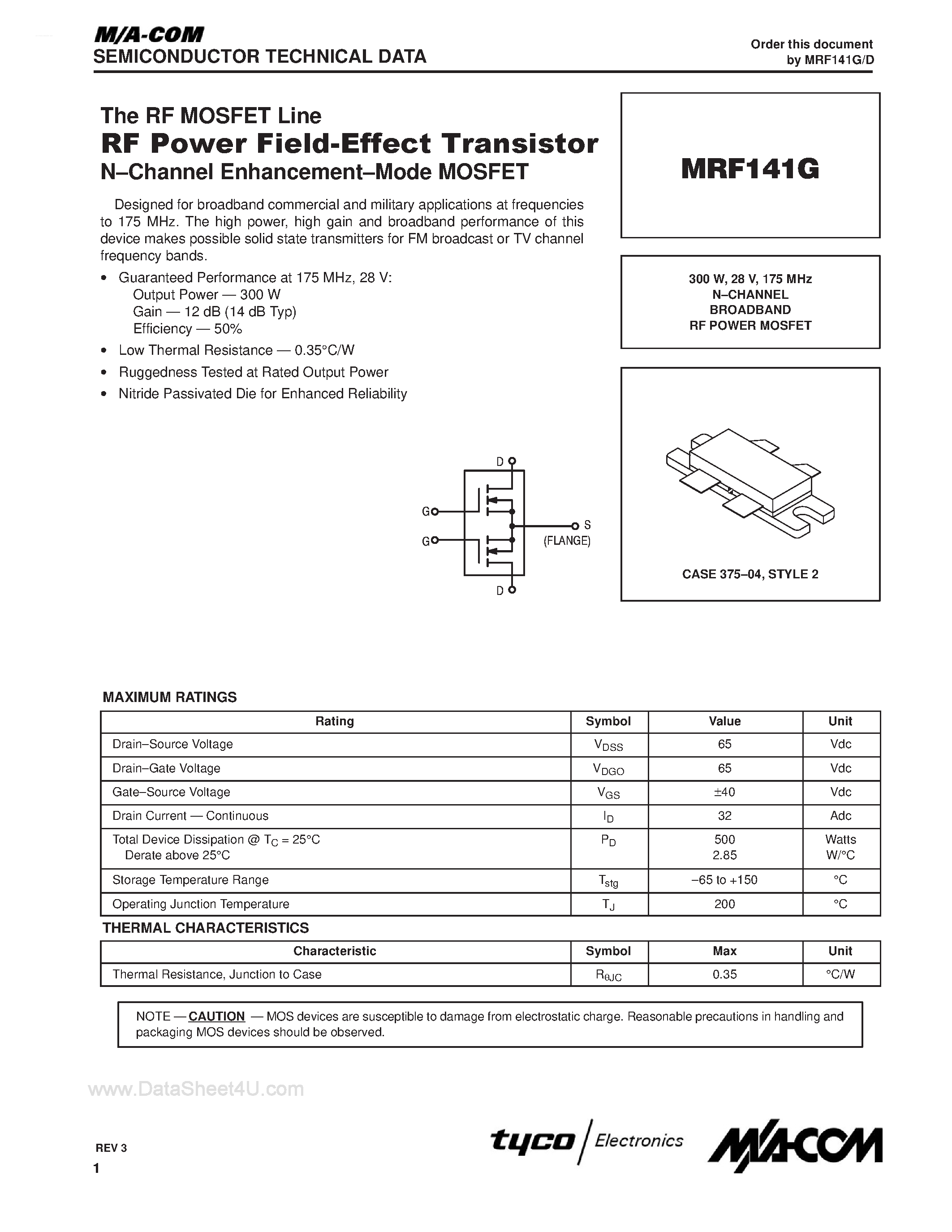 Datasheet MRF141G - N-CHANNEL BROADBAND RF POWER MOSFET page 1