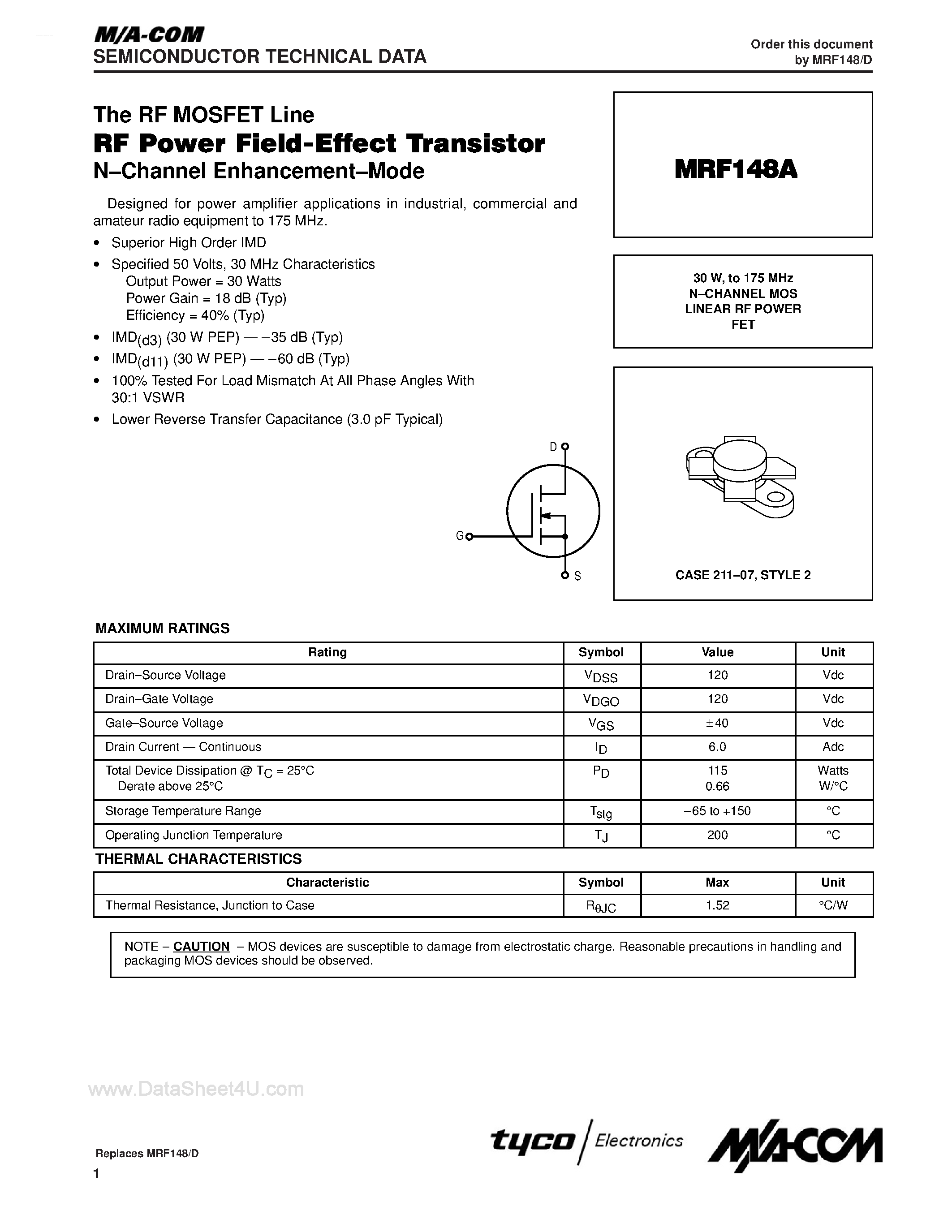 Datasheet MRF148A - N-CHANNEL MOS LINEAR RF POWER FET page 1