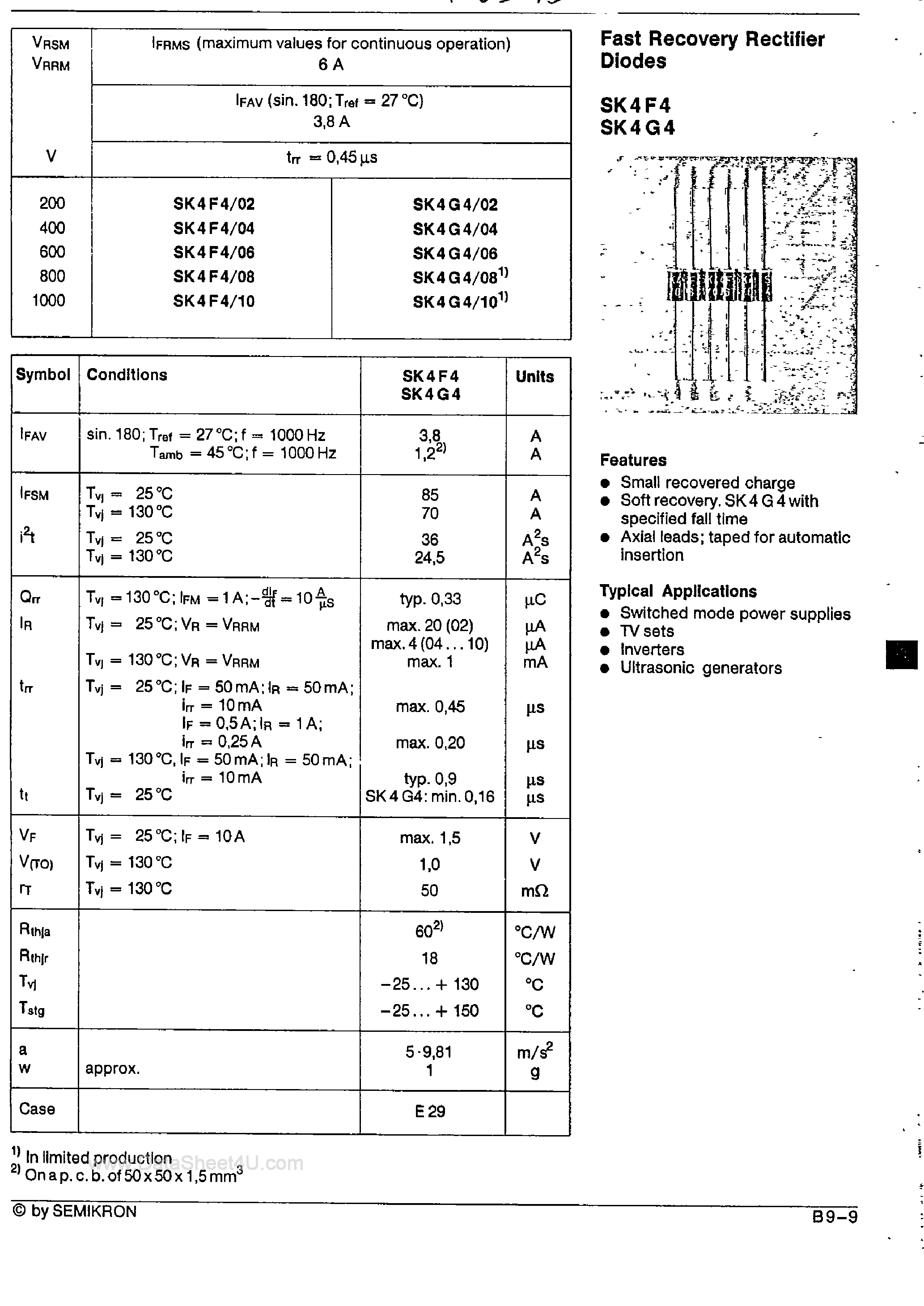 Даташит на микросхему SK4F4 страница 1 Даташит SK4F4 - (SK4F4 / SK4G4) Fast Recovery Rectifier Diodes страница 1