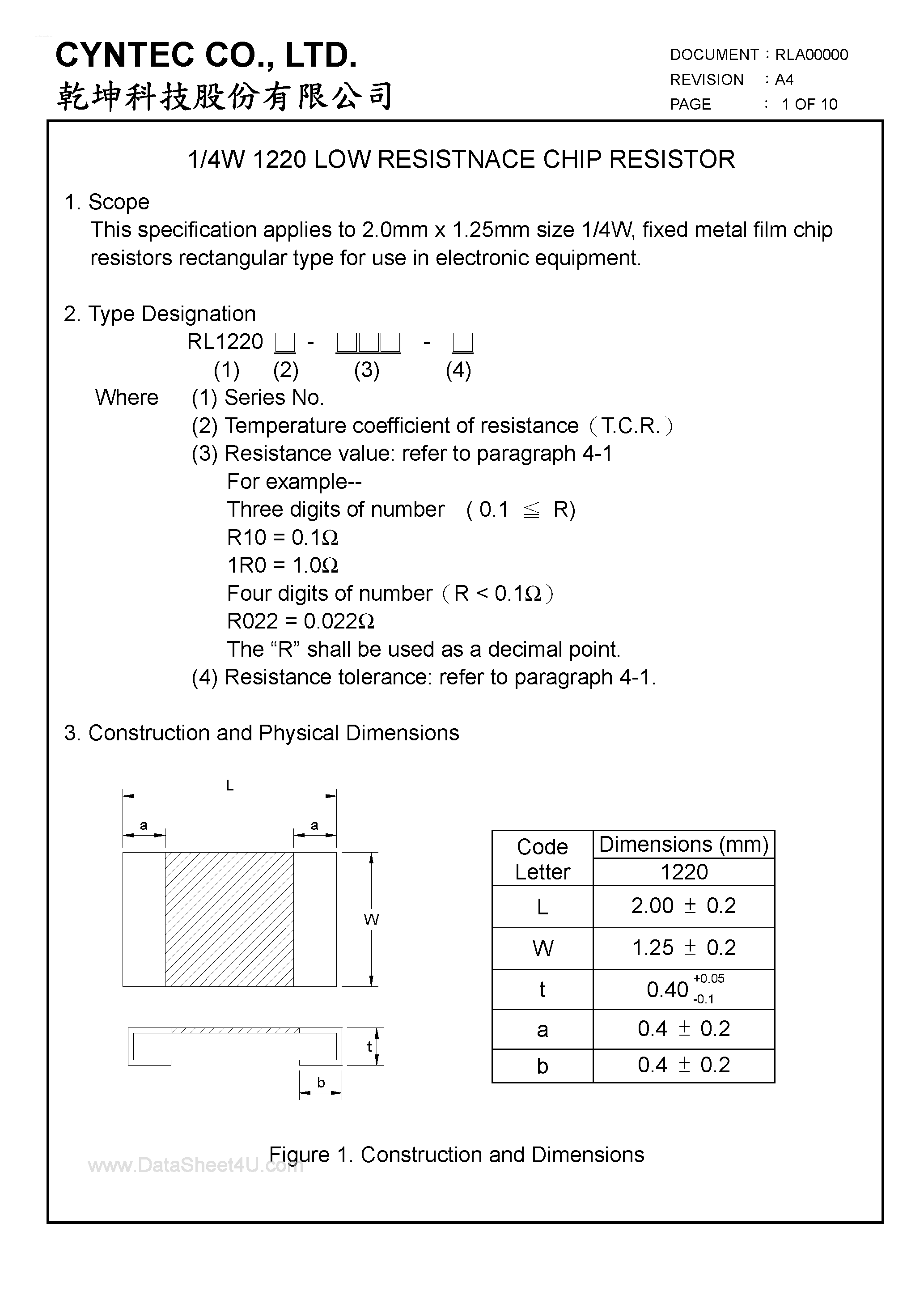 Datasheet RL1220 - 1/4W 1220 Low Resistance Chip Resistor page 1
