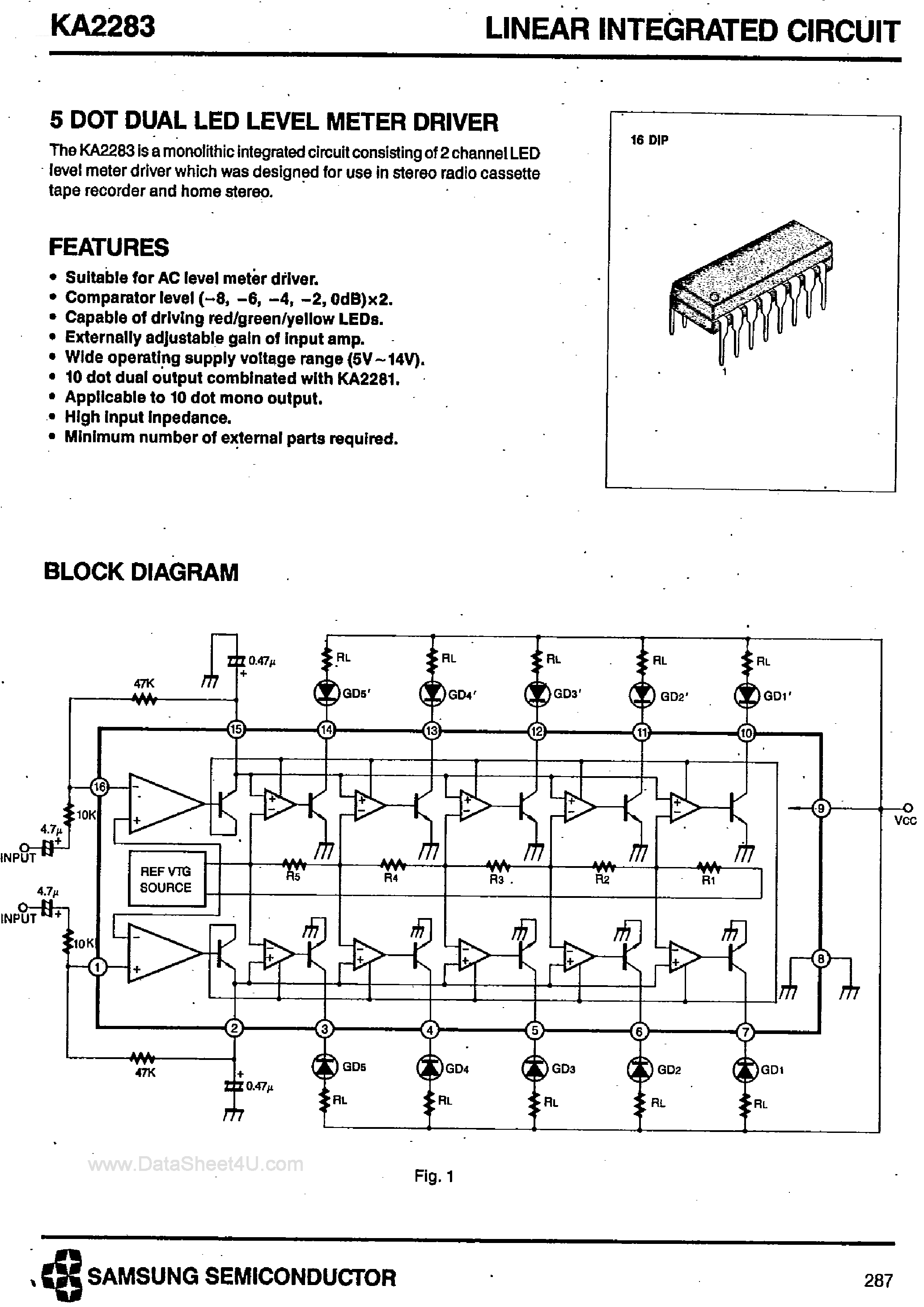 Datasheet KA2283 - 5 Dot Dual LED Level Meter Driver page 1