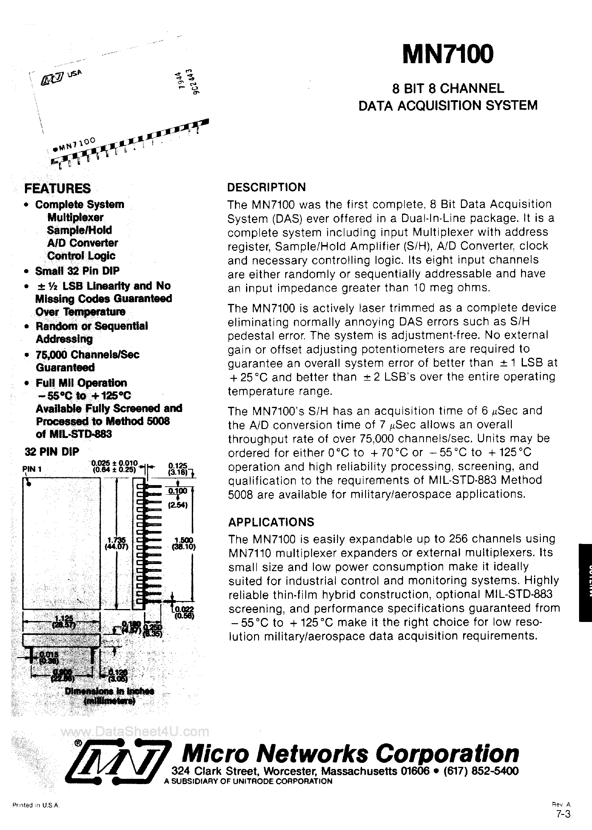 Даташит на микросхему MN7100 страница 1 Даташит MN7100 - 8-Bit 8-Channel Data Acquisition Sustem страница 1
