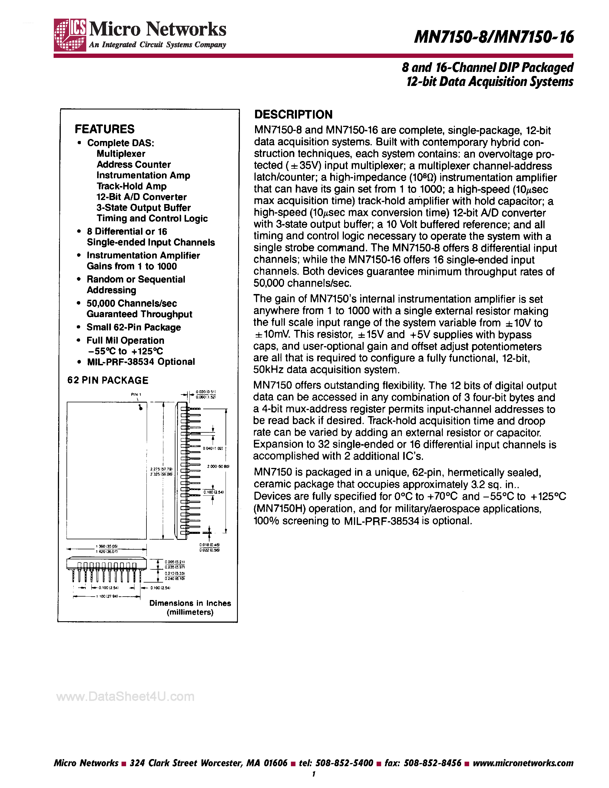 Datasheet MN7150-16 - (MN7150-8/-16) 8 and 16-Channel DIP Packaged 12-Bit Data Acquisition System page 1