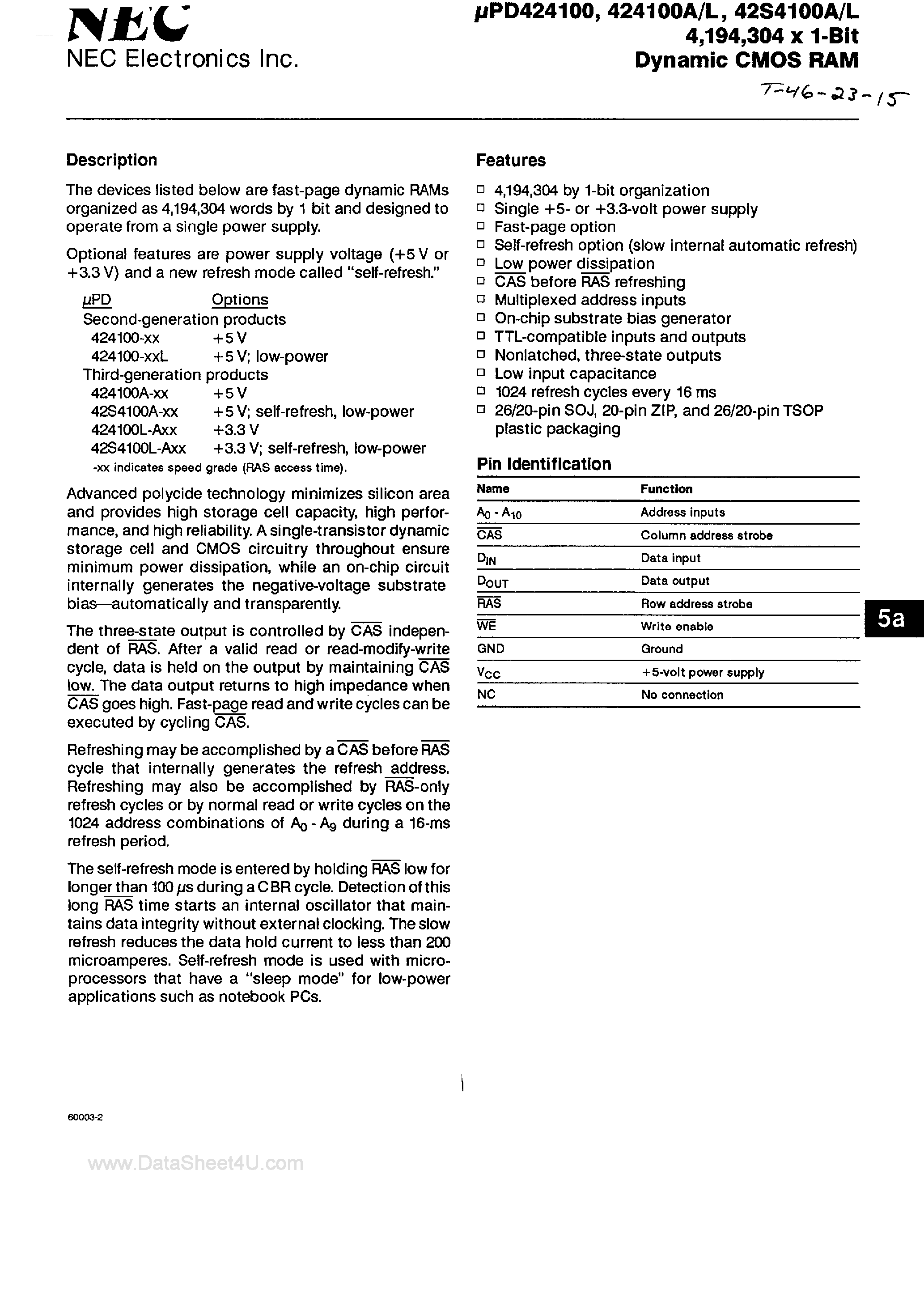 Datasheet UPD424100 - 4M x 1-Bit Dynamic CMOS RAM page 1