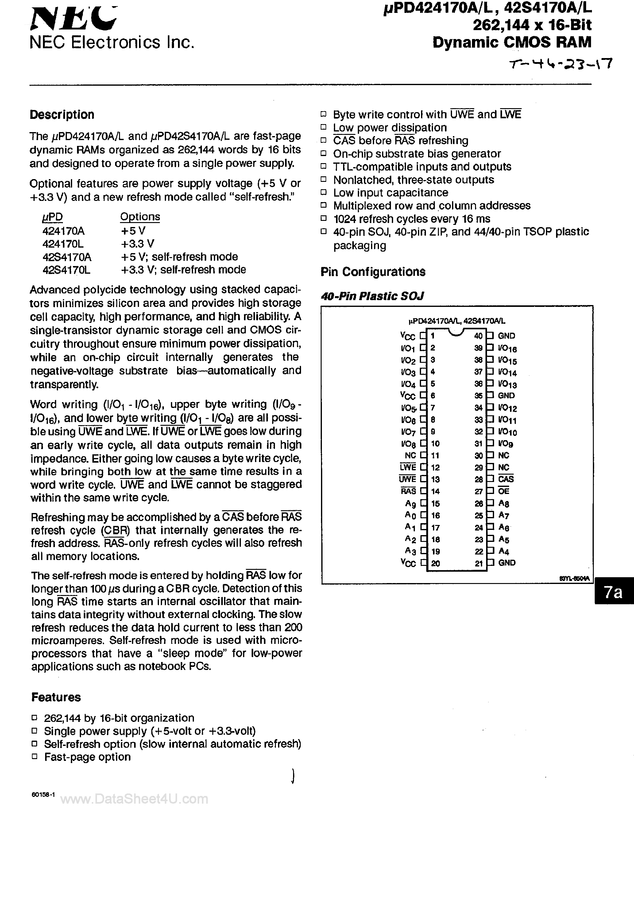 Даташит UPD424170 - 262144 x 16-Bit Dynamic CMOS RAM страница 1