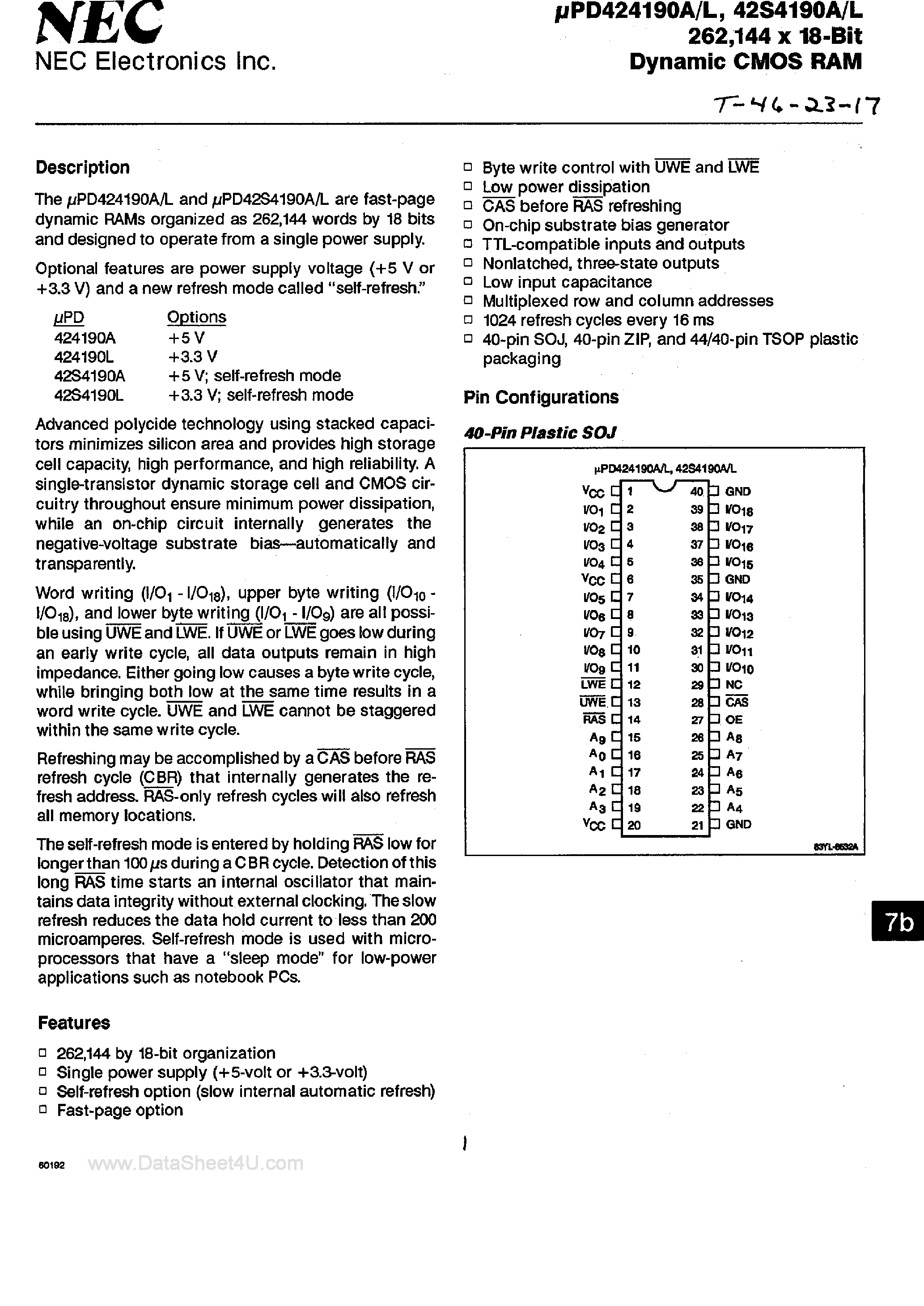 Даташит на микросхему UPD424190 страница 1 Даташит UPD424190 - 262144 x 18-Bit Dynamic CMOS RAM страница 1
