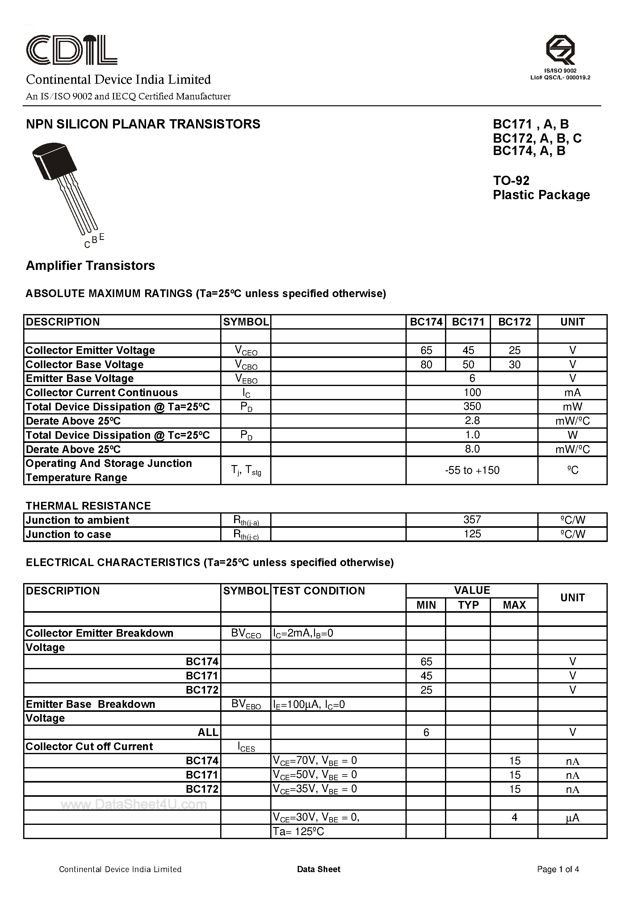Даташит BC171 - (BC171 - BC174) NPN Silicon Planar Transistors страница 1