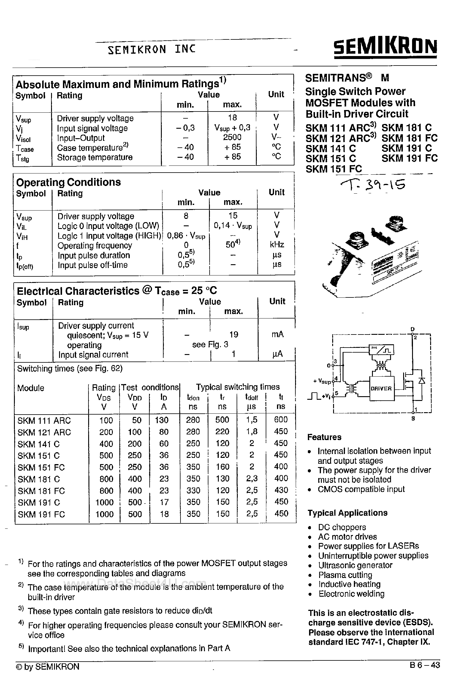 Datasheet SKM111ARC page 1 Datasheet SKM111ARC - (SKM1x1xC) Single Switch Power MOSFET Modules page 1