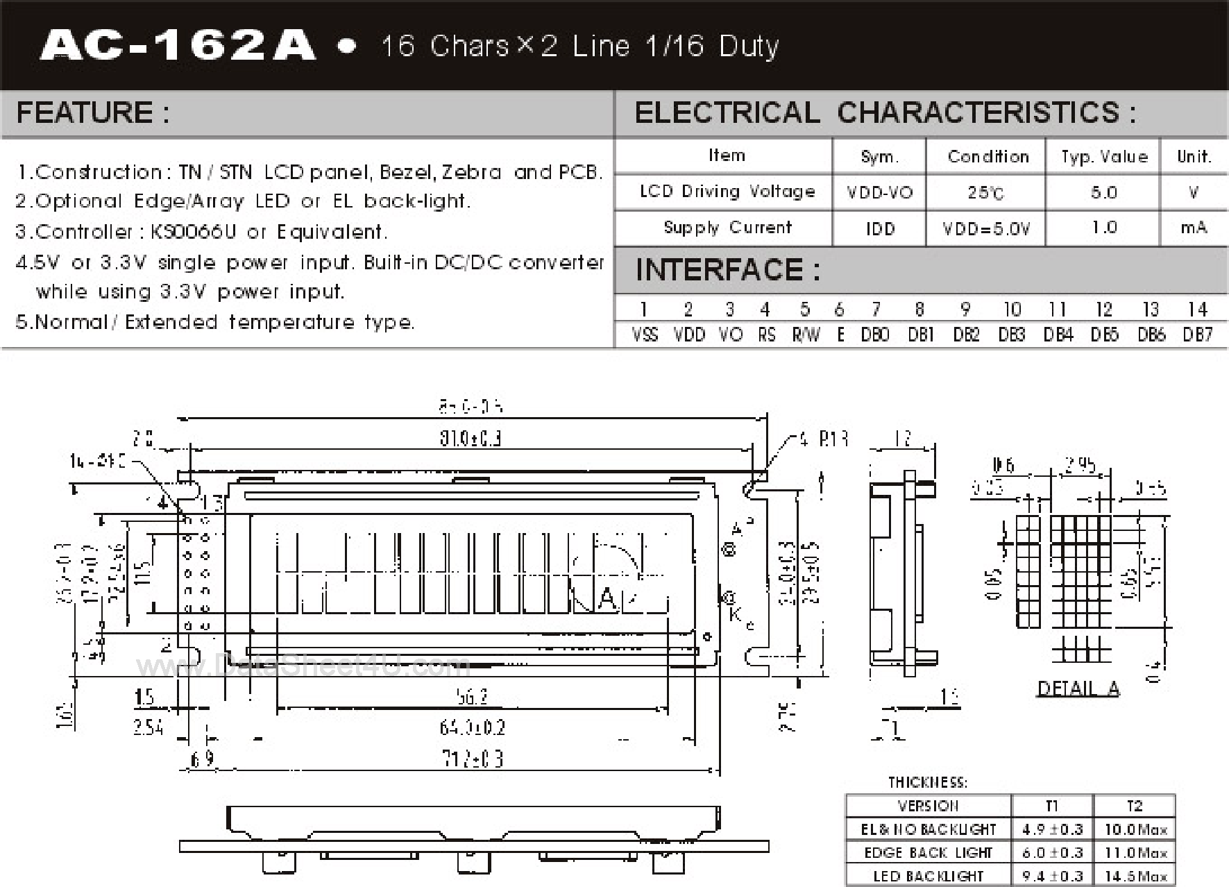Datasheet AC162A - 16 x 2 Line LCD page 1