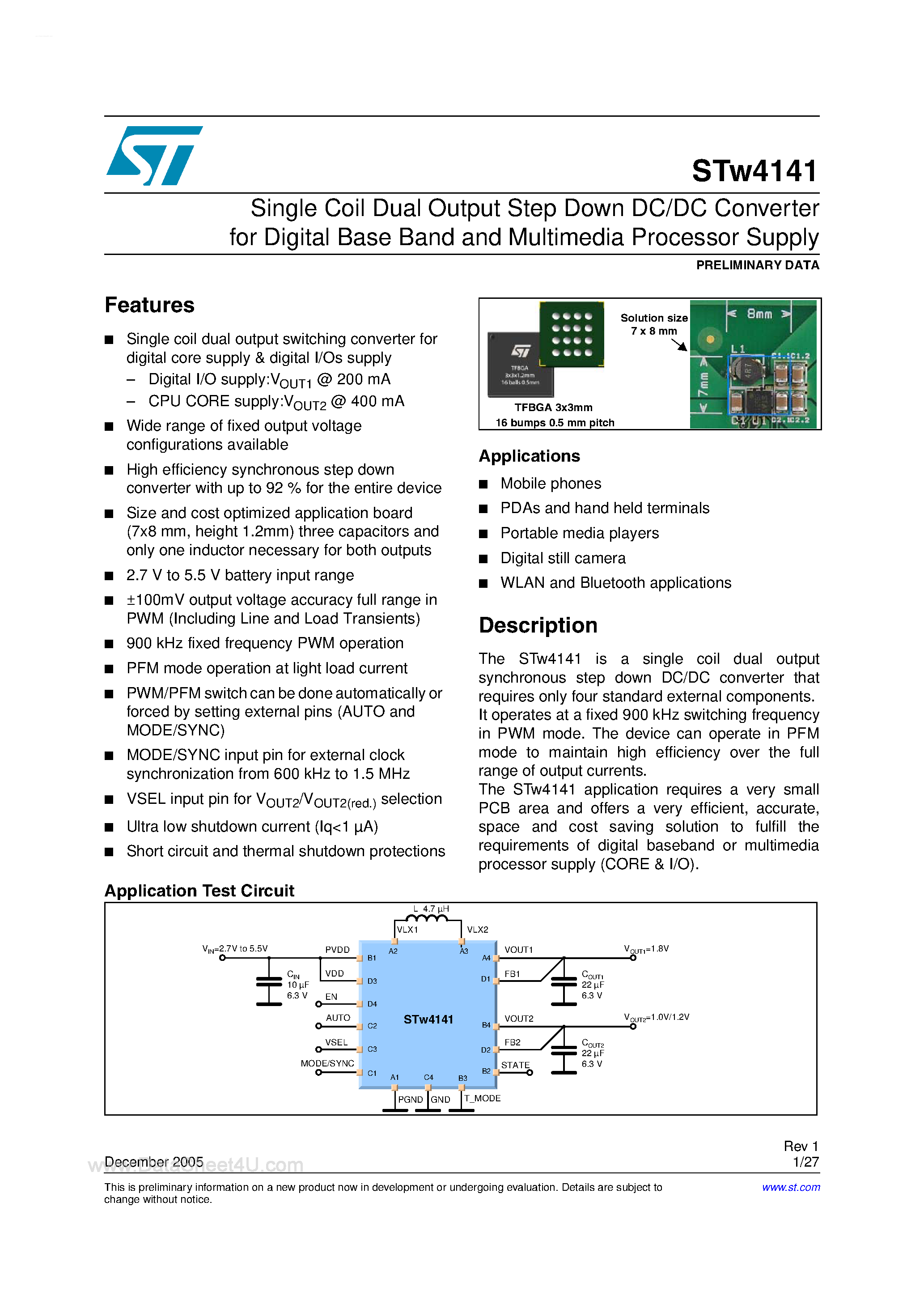Datasheet STW4141 - Single Coil Dual Output Step Down DC/DC Converter page 1