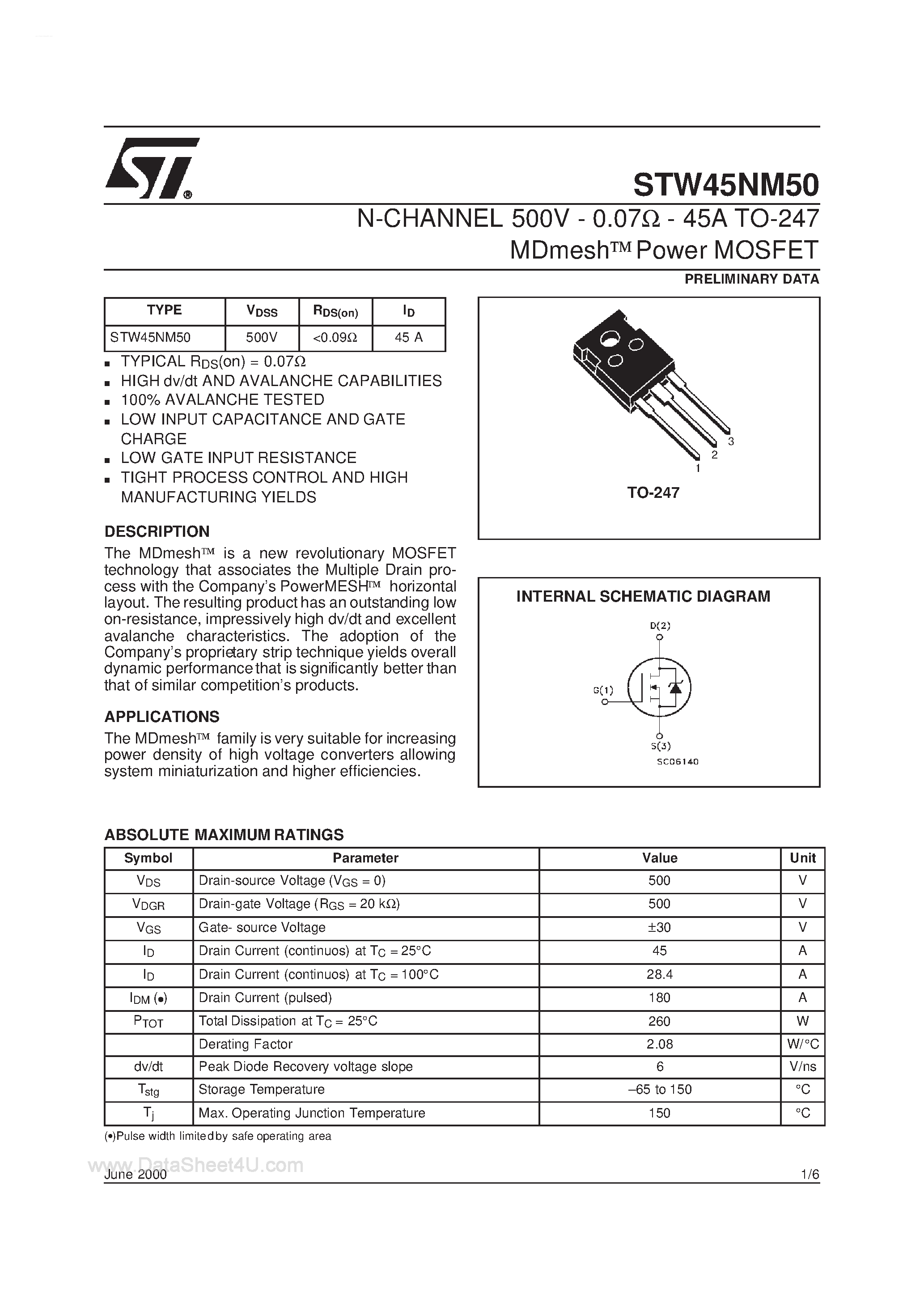 Datasheet STW45NM50 - N-CHANNEL MOSFET page 1