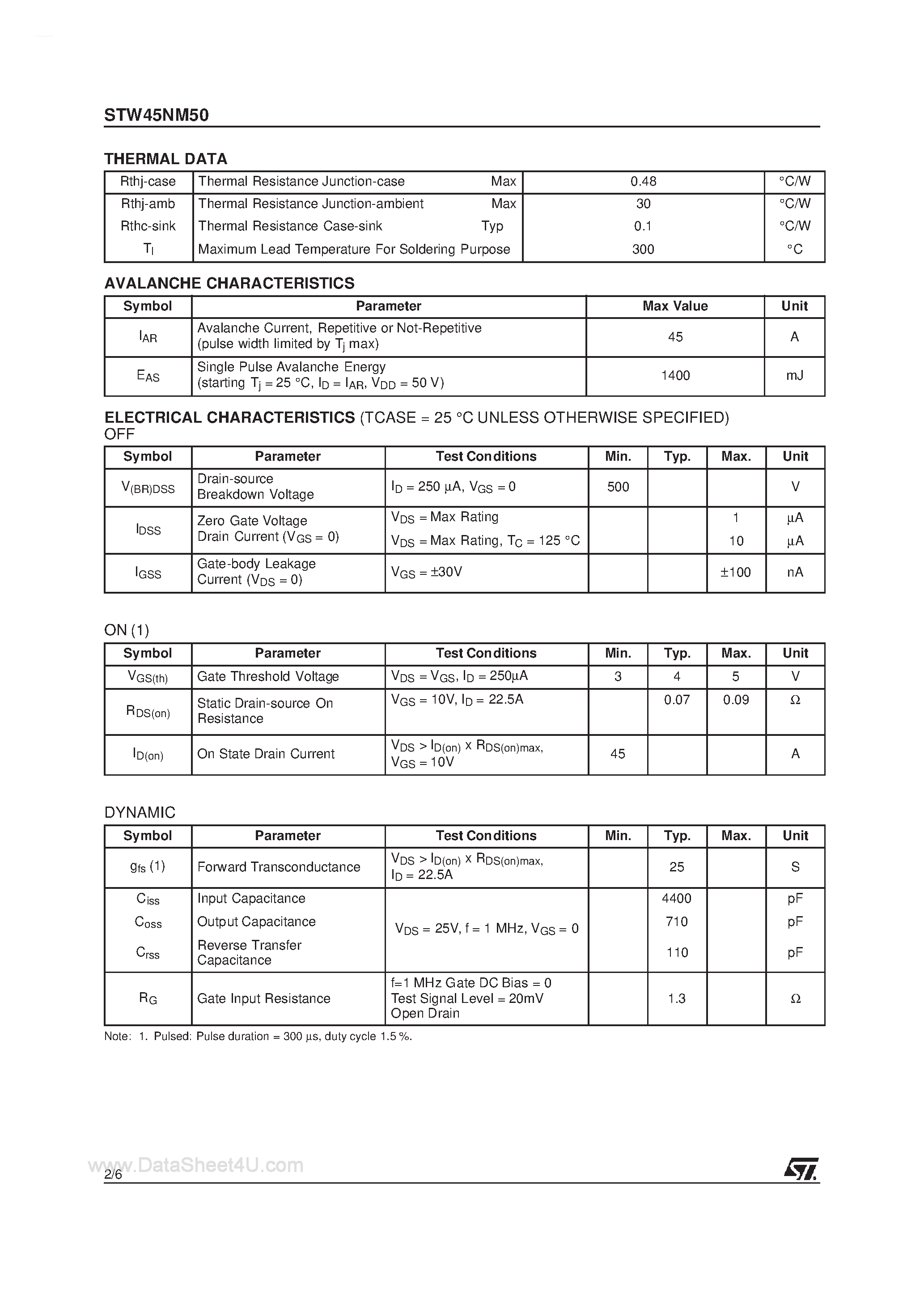 Datasheet STW45NM50 - N-CHANNEL MOSFET page 2