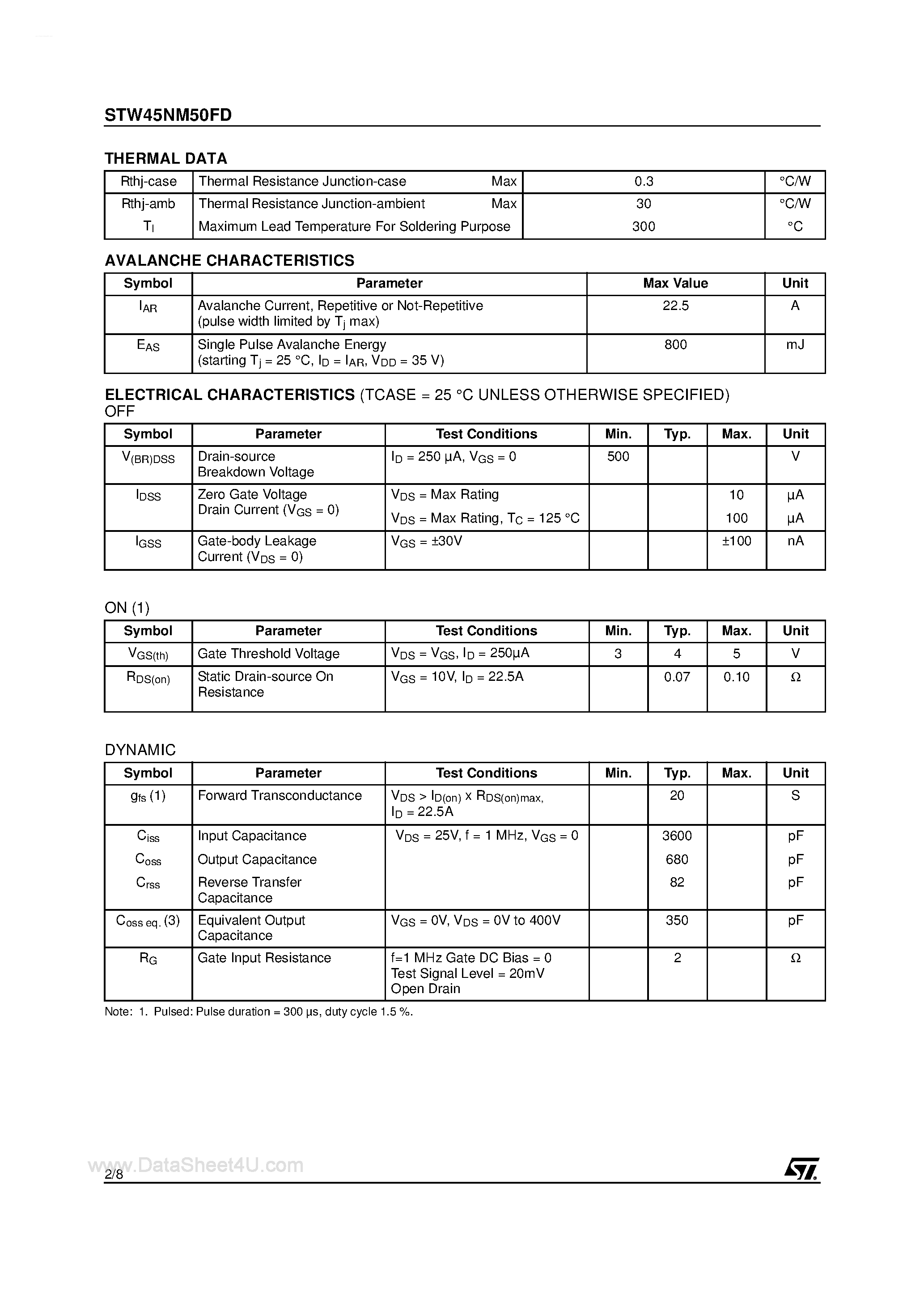 Datasheet STW45NM50FD - N-CHANNEL MOSFET page 2