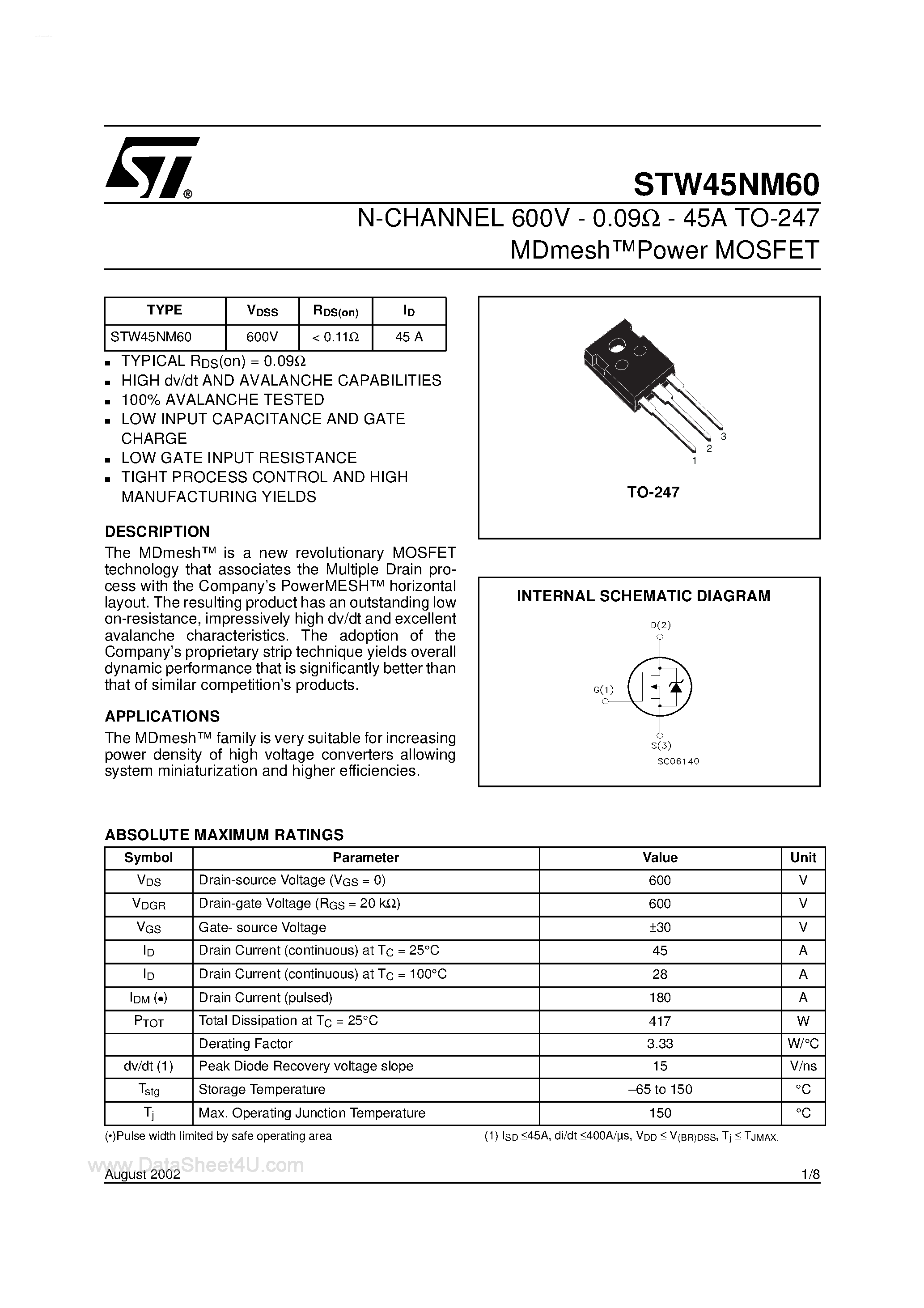 Datasheet STW45NM60 - N-CHANNEL MOSFET page 1