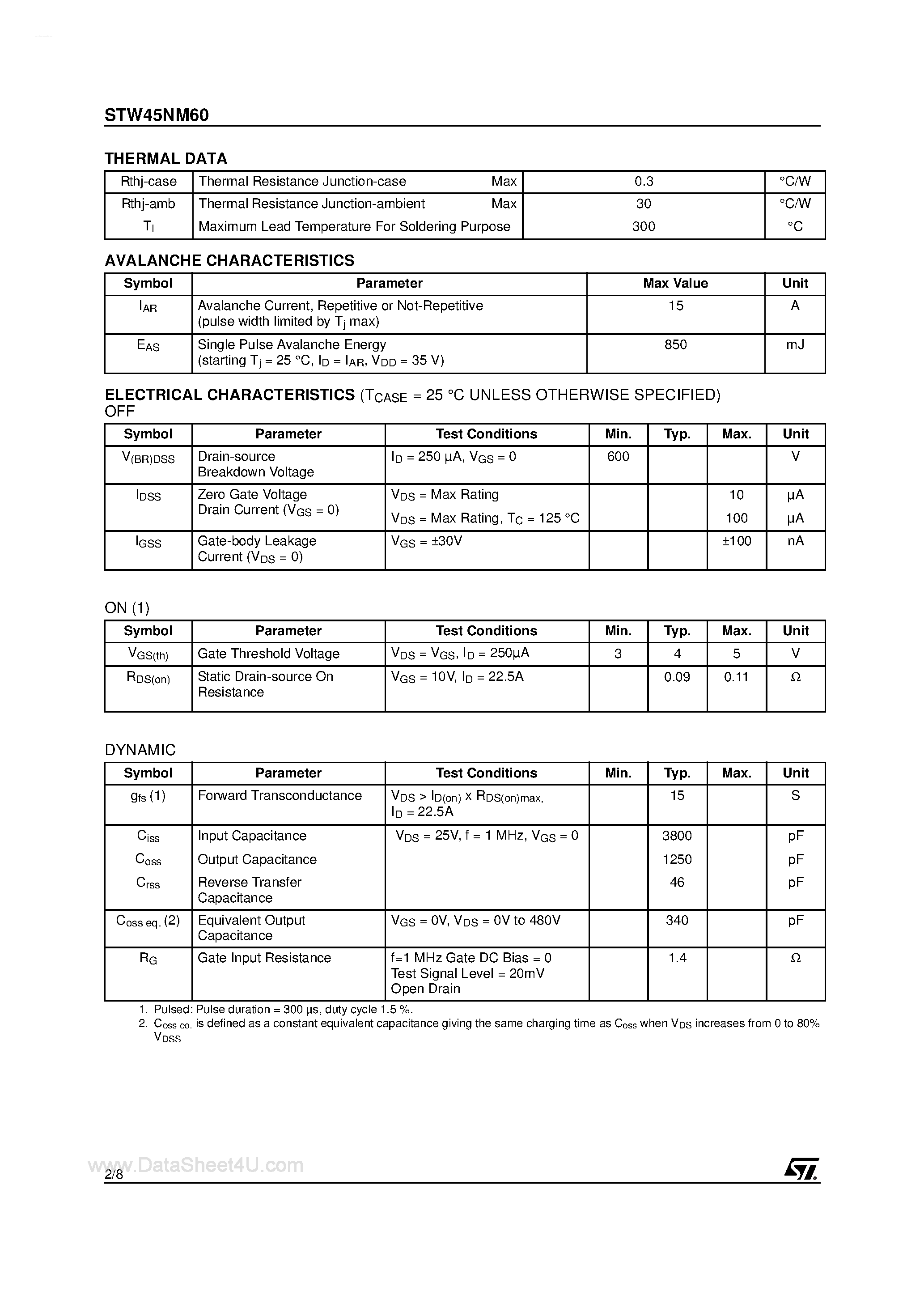 Datasheet STW45NM60 - N-CHANNEL MOSFET page 2