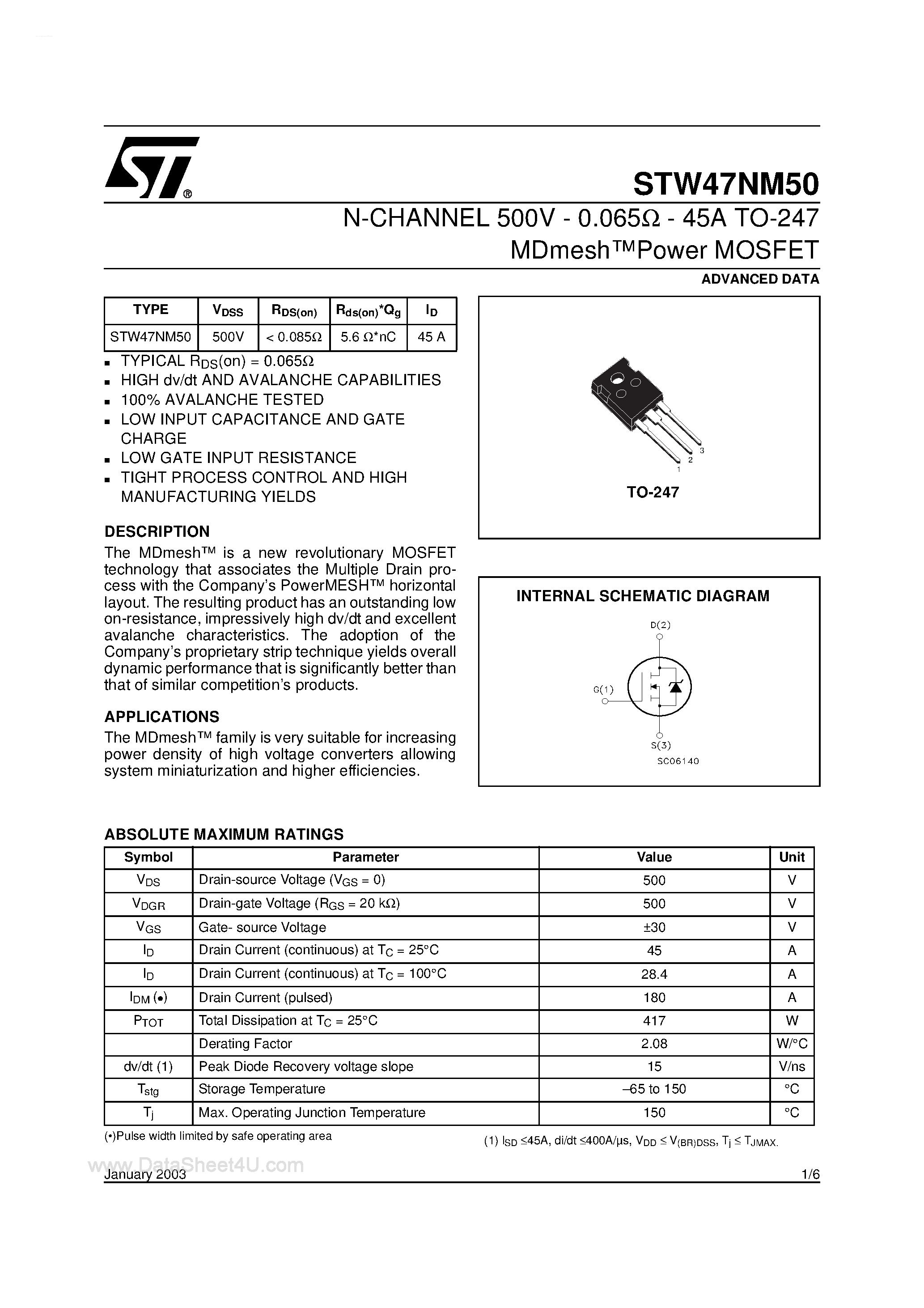 Datasheet STW47NM50 - N-CHANNEL MOSFET page 1