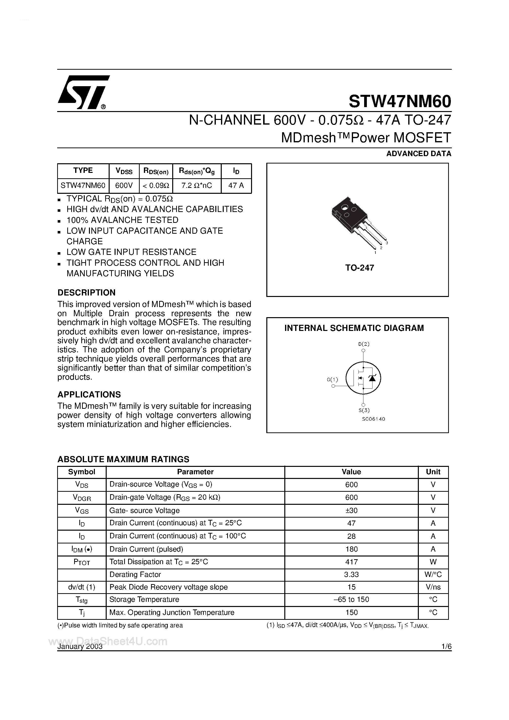 Datasheet STW47NM60 - N-CHANNEL MOSFET page 1