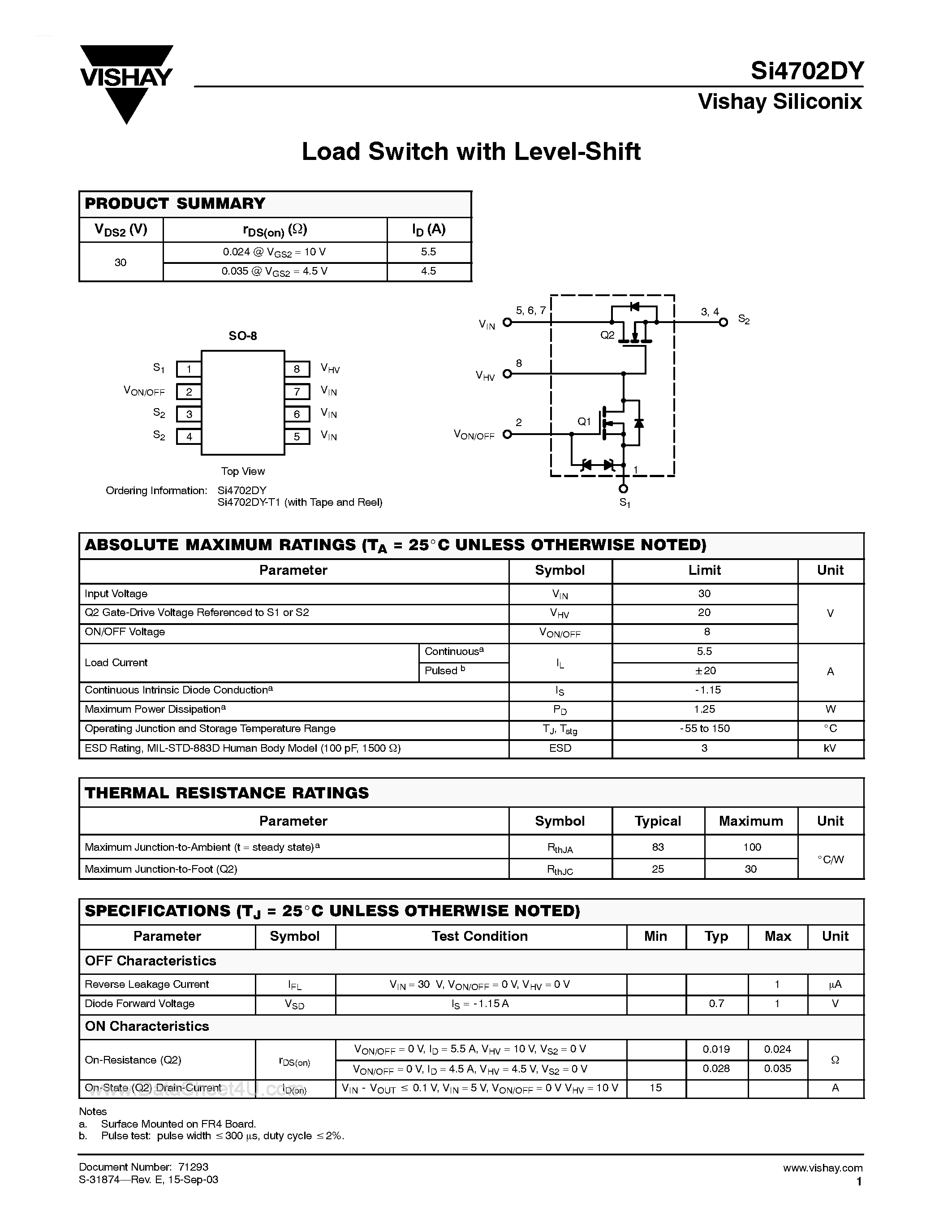 Datasheet SI4702DY page 1 Datasheet SI4702DY - Load Switch with Level-Shift page 1