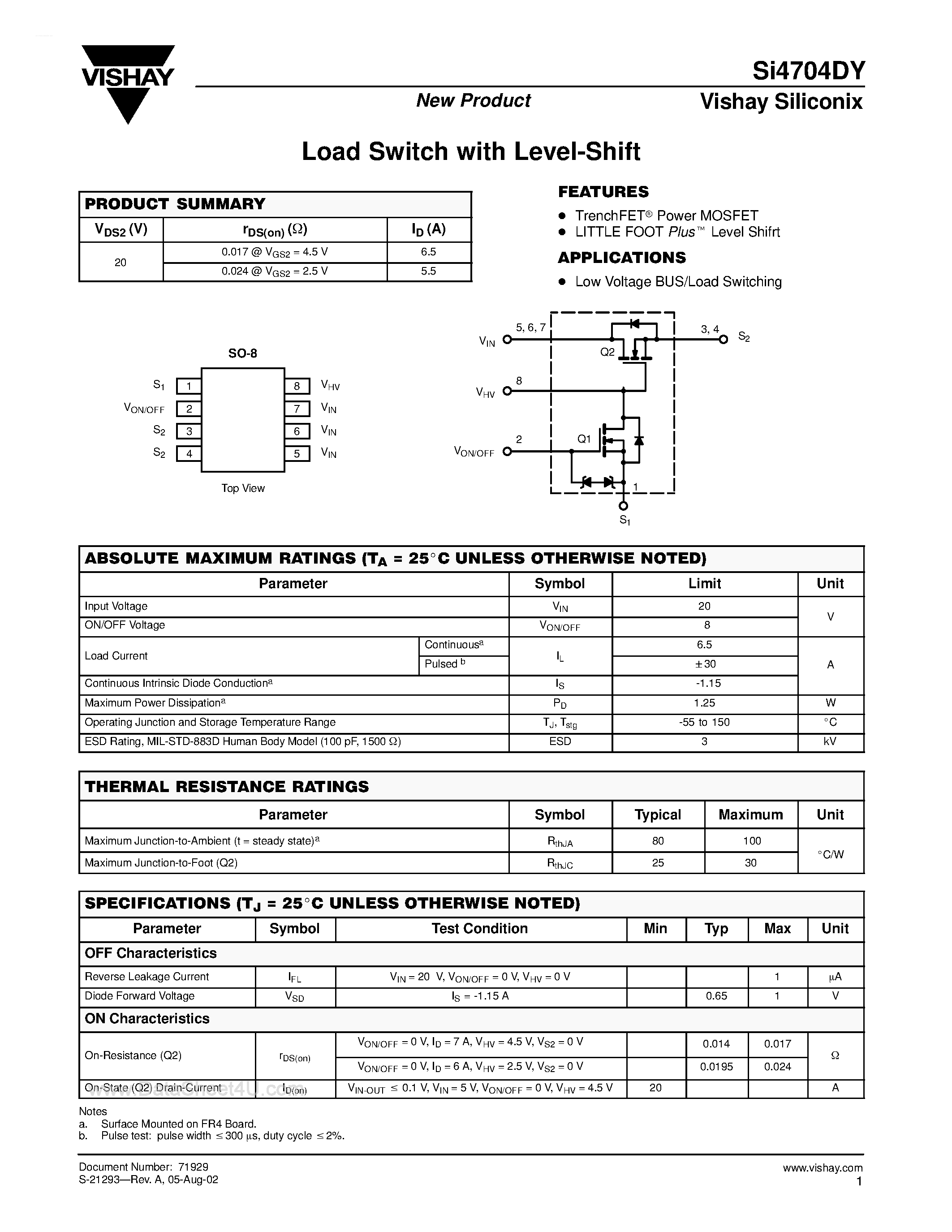 Datasheet SI4704DY page 1 Datasheet SI4704DY - Load Switch with Level-Shift page 1
