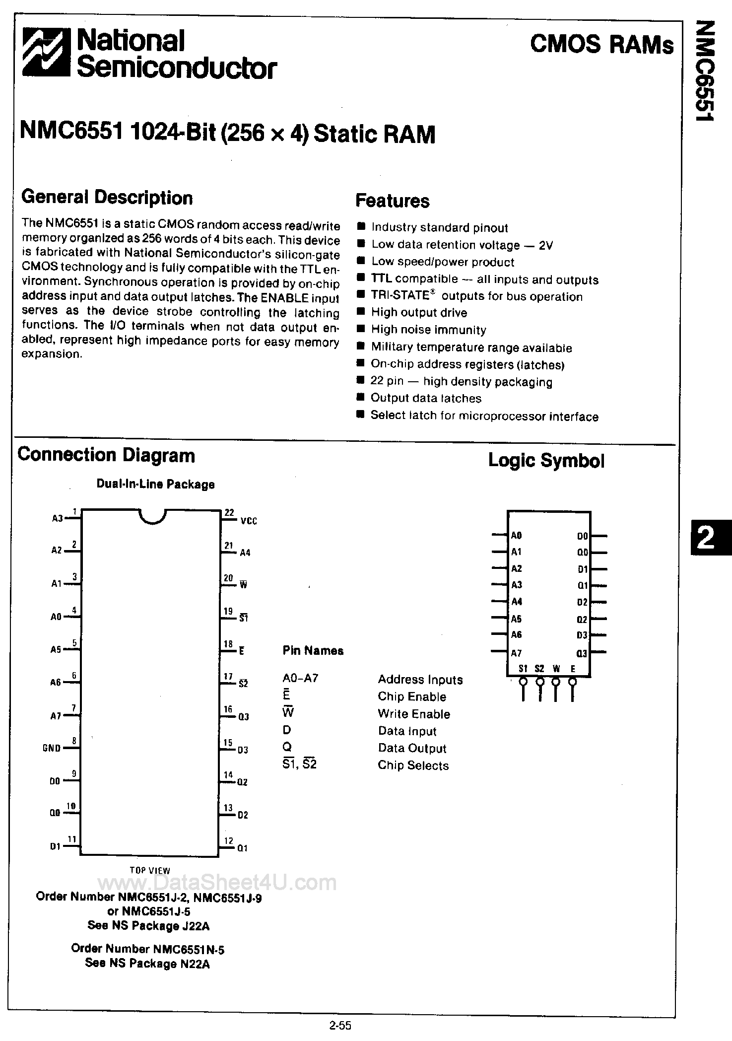 Datasheet NMC6551 - 1024-Bit (256 x 4) Static RAM page 1