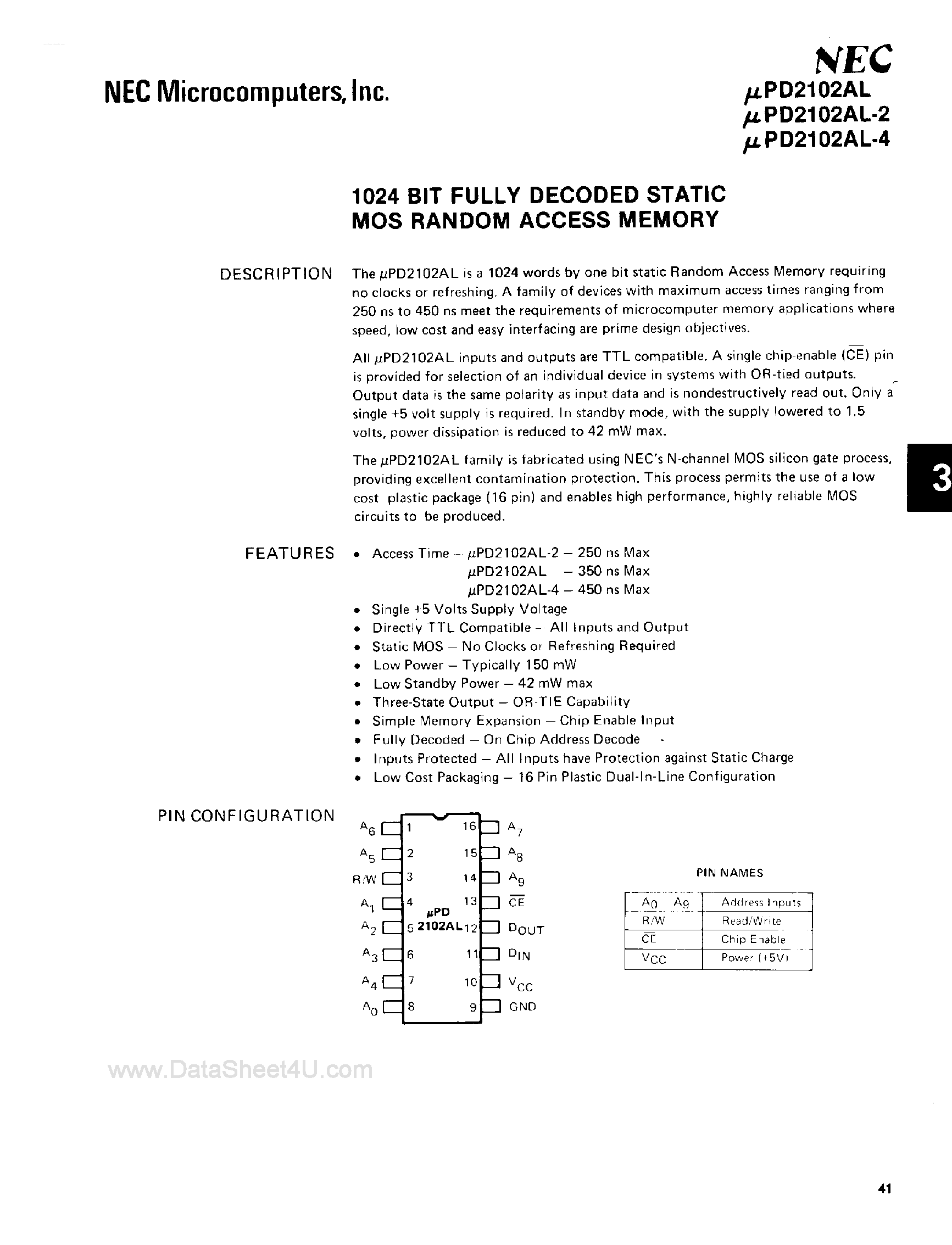 Datasheet UPD2102AL page 1 Datasheet UPD2102AL - 1K-Bit Fully Decoded Static MOS RAM page 1