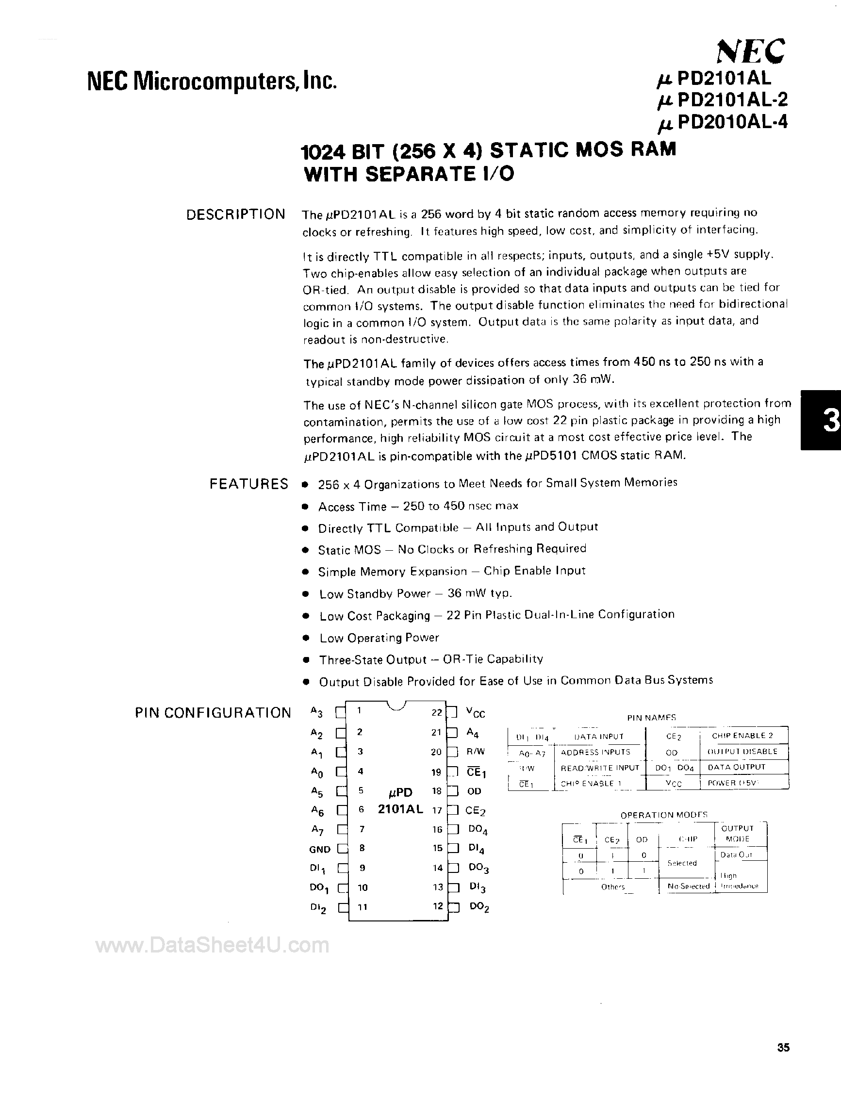 Datasheet UPD2010AL page 1 Datasheet UPD2010AL - 1K-Bit Static MOS RAM page 1