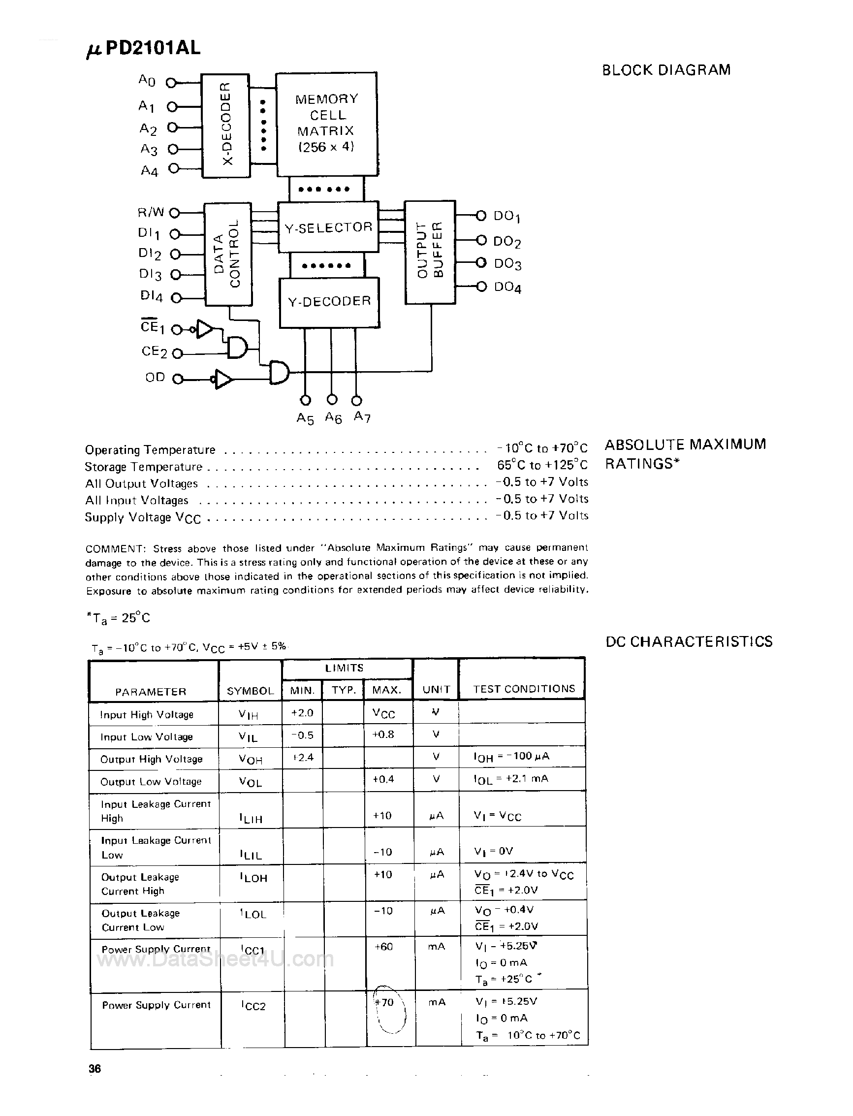 Datasheet UPD2010AL page 2 Datasheet UPD2010AL - 1K-Bit Static MOS RAM page 2