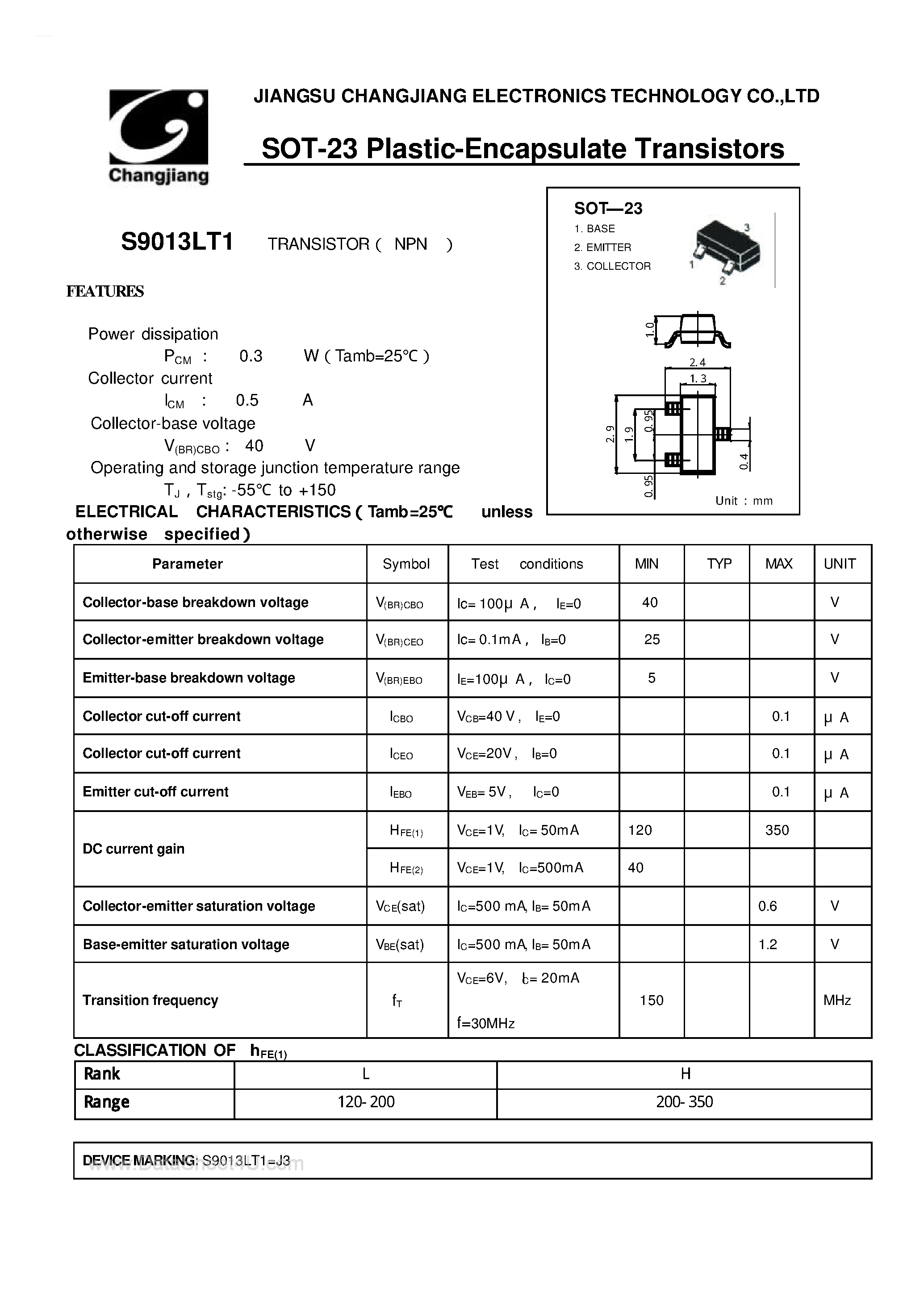 Datasheet S9013LT1 - Plastic Encapsulate Transistors page 1