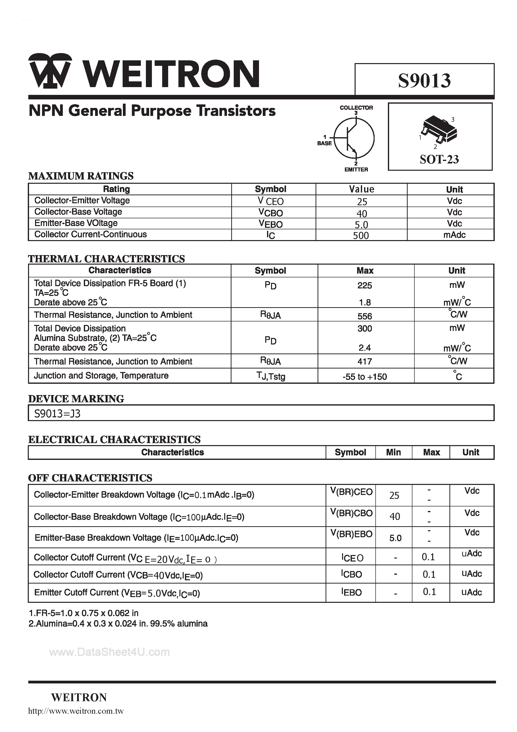 Datasheet S9013 - NPN General Purpose Transistors page 1