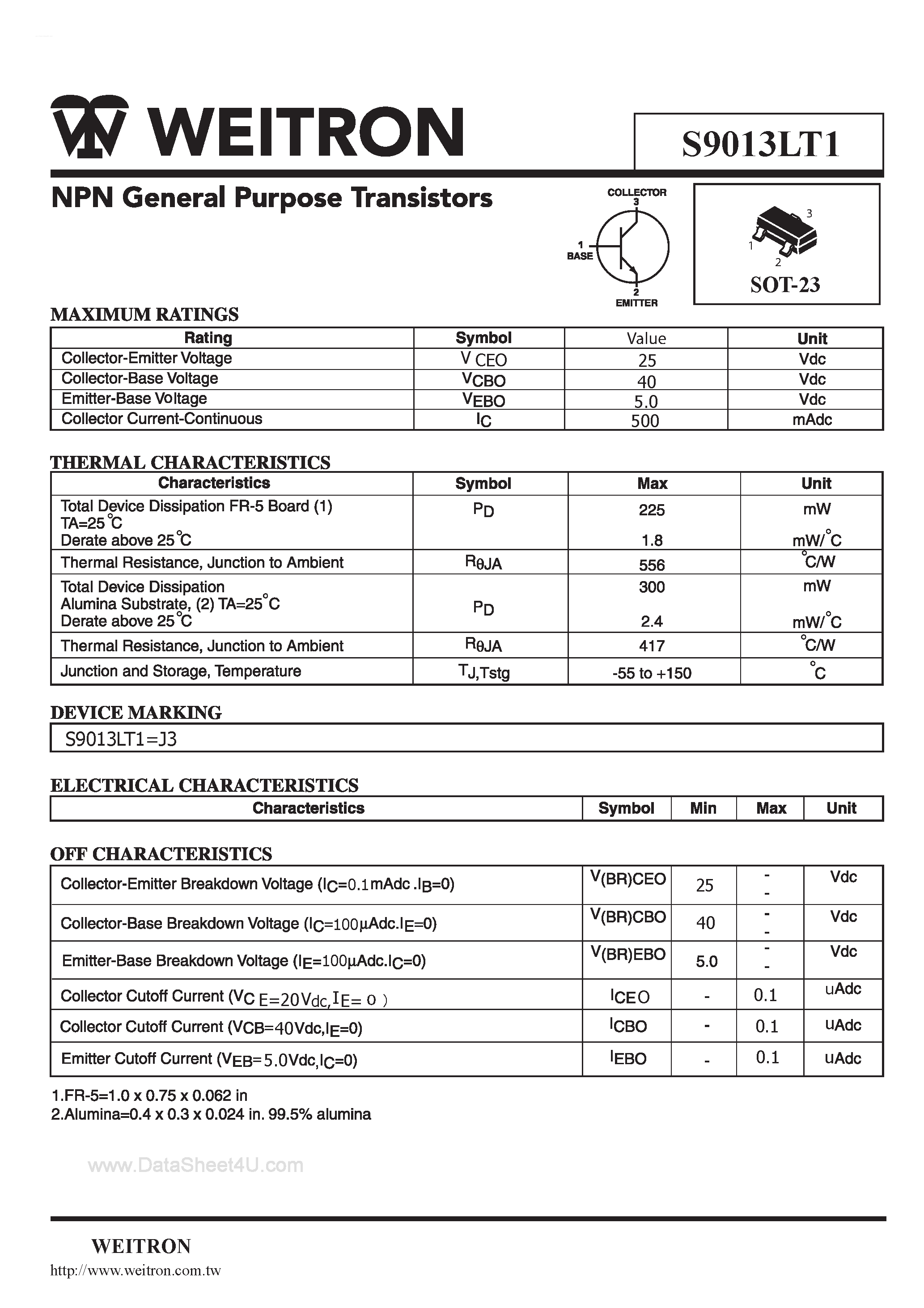 Datasheet S9013LT1 - NPN General Purpose Transistors page 1