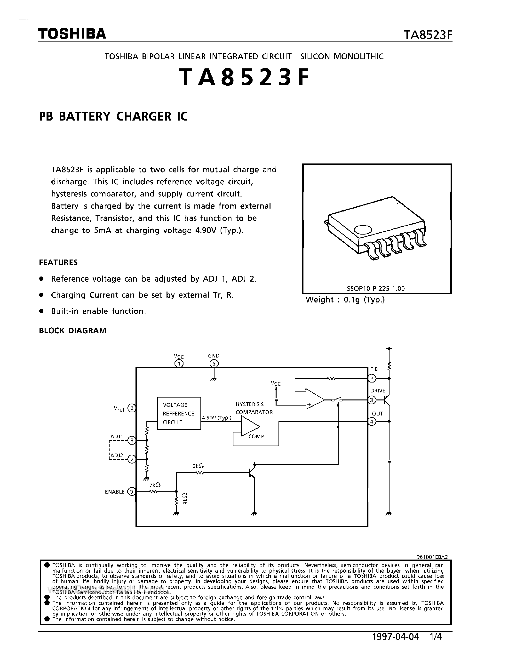 Datasheet TA8523F - PB Battery Charger IC page 1