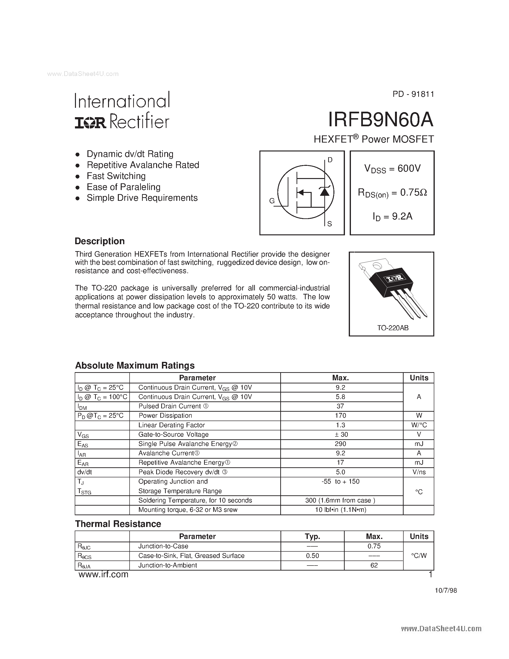 Datasheet FB-9N60A - Search -----> IRFB9N60A page 1
