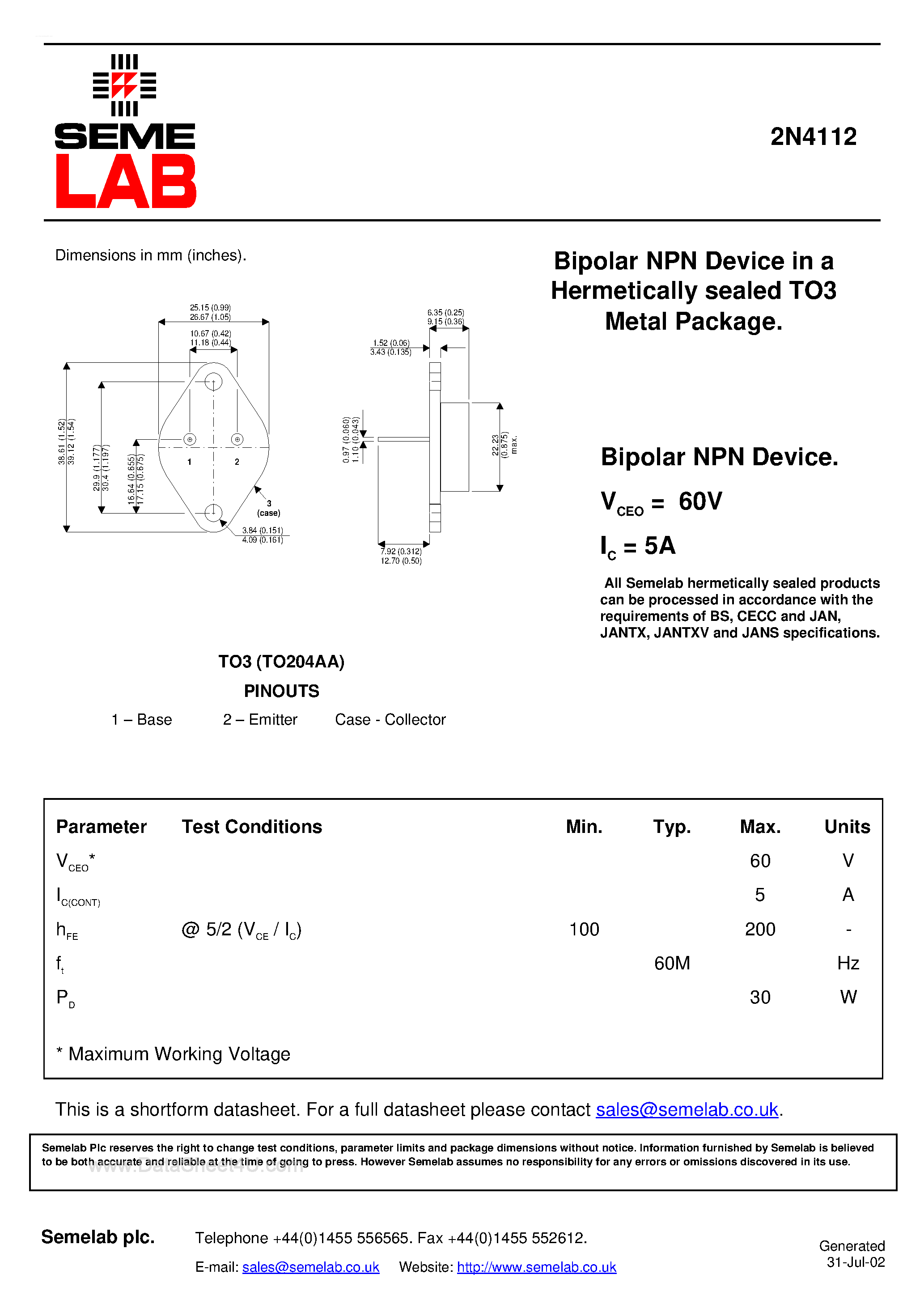 Datasheet 2N4112 - Bipolar NPN Device in a Hermetically sealed TO3 Metal Package page 1