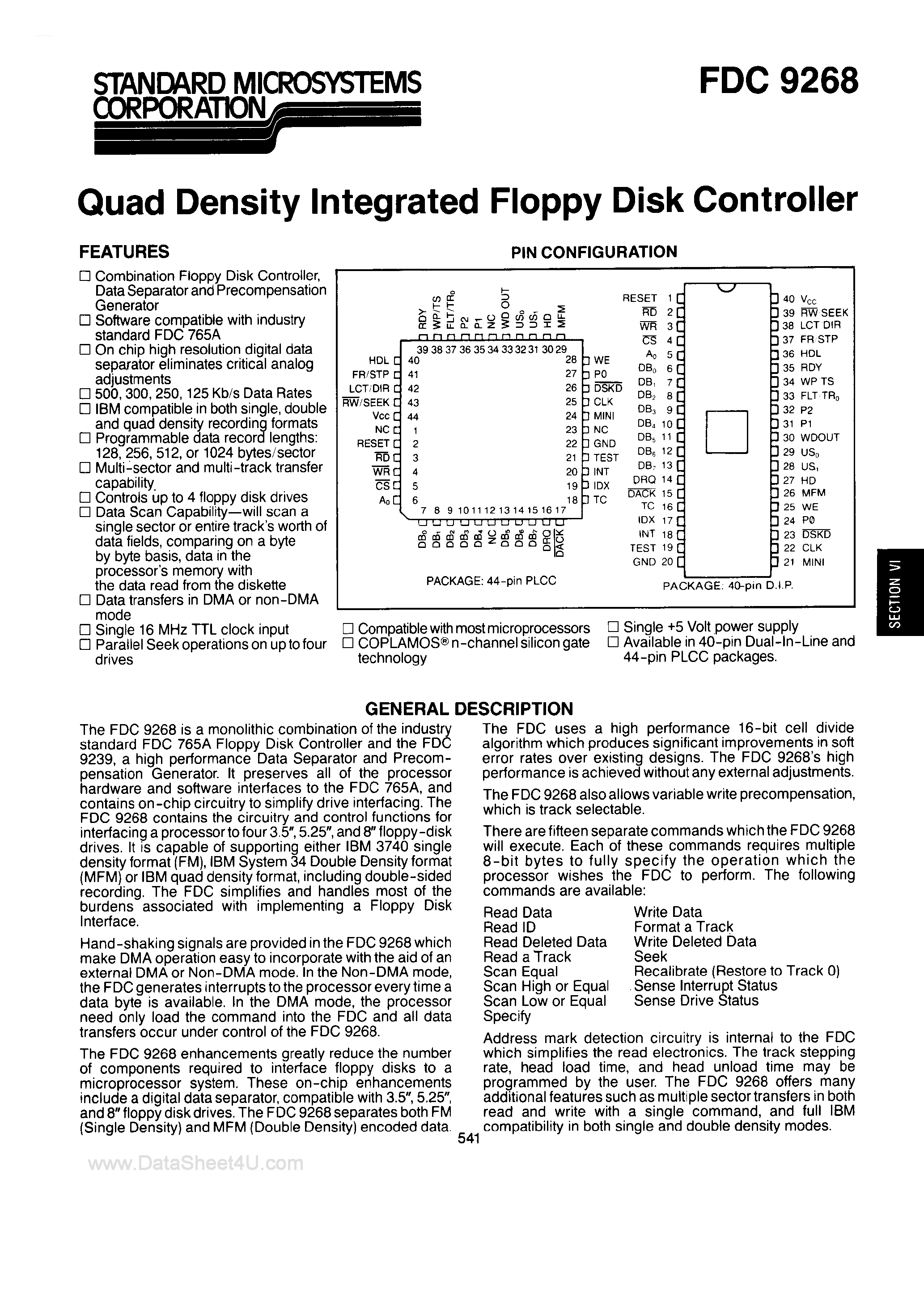 Datasheet FDC9268 page 1 Datasheet FDC9268 - Quad Density Integrated Floppy Disk Controller page 1