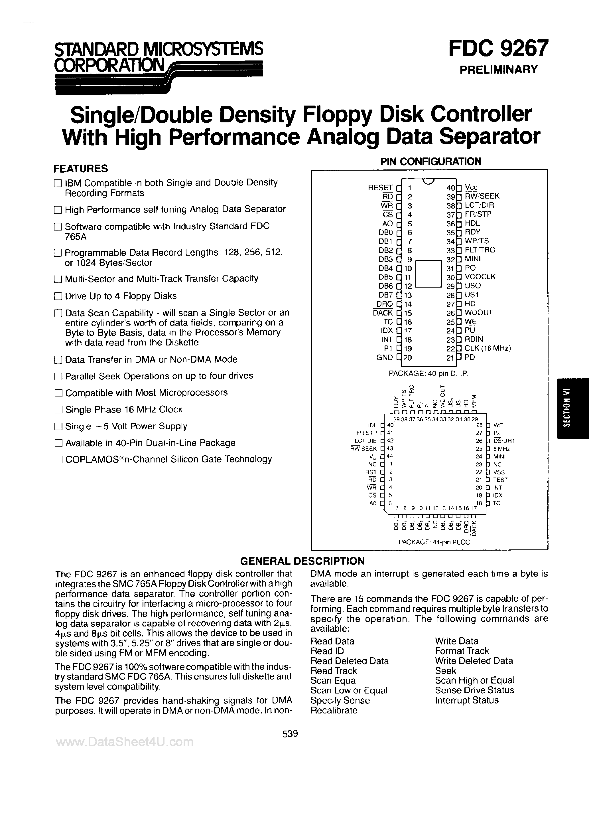 Datasheet FDC9267 page 1 Datasheet FDC9267 - Single/Double Density Enhanced Floppy Disk Controller page 1