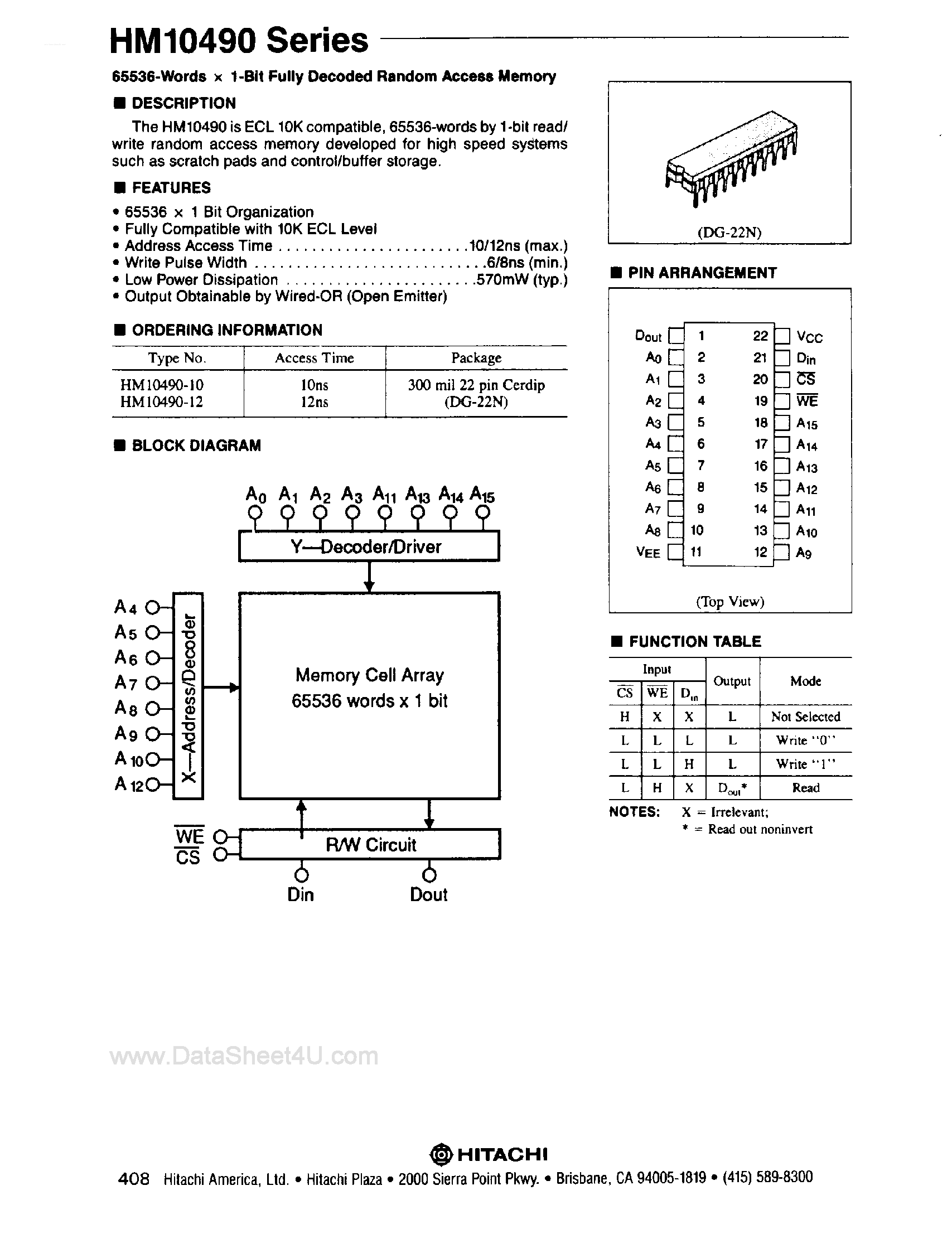 Даташит на микросхему HM10490 страница 1 Даташит HM10490 - 65K x 1-Bit Fully Vecoded RAM страница 1