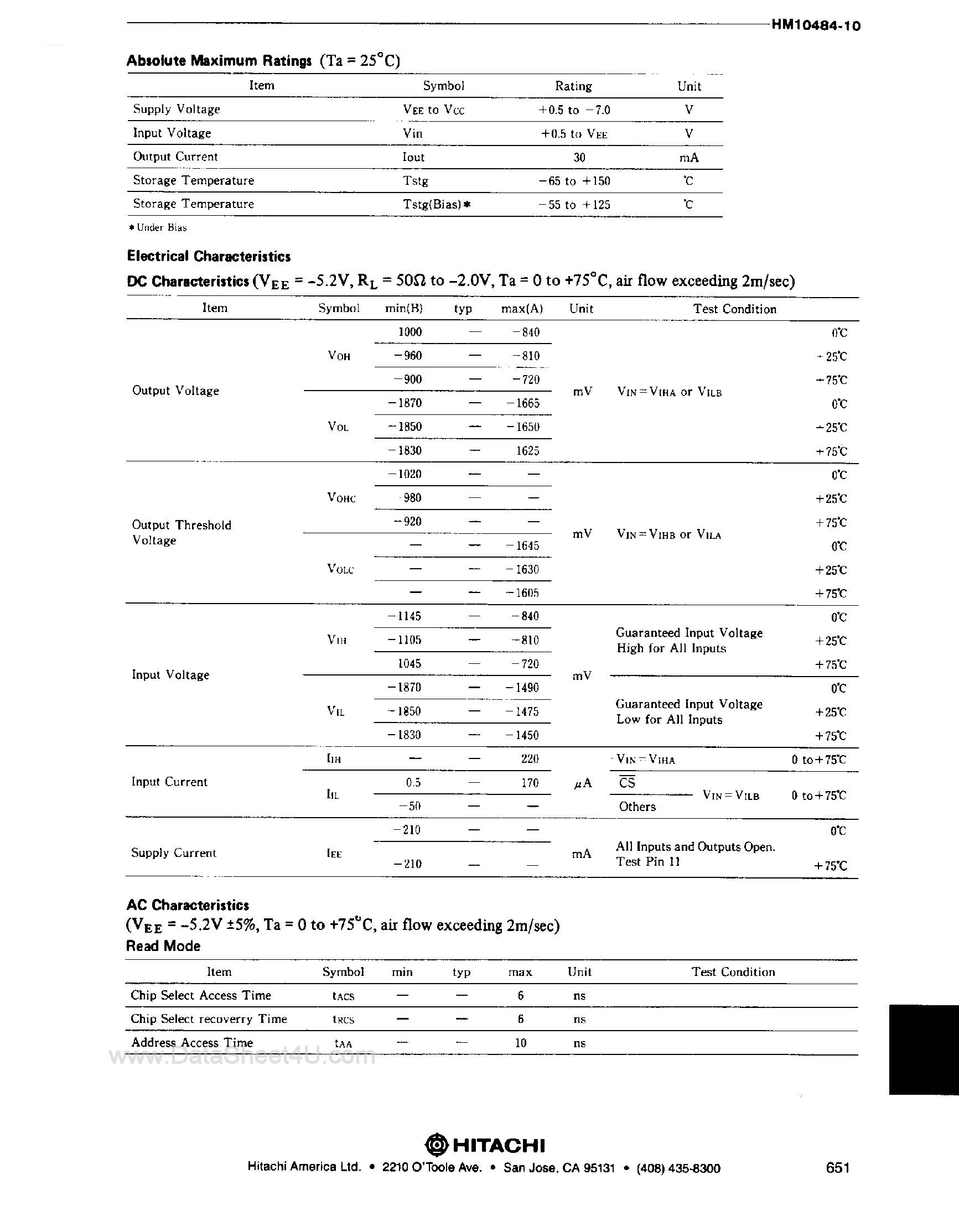 Даташит HM10484-10 - 4K x 4-Bit Fully Vecoded RAM страница 2