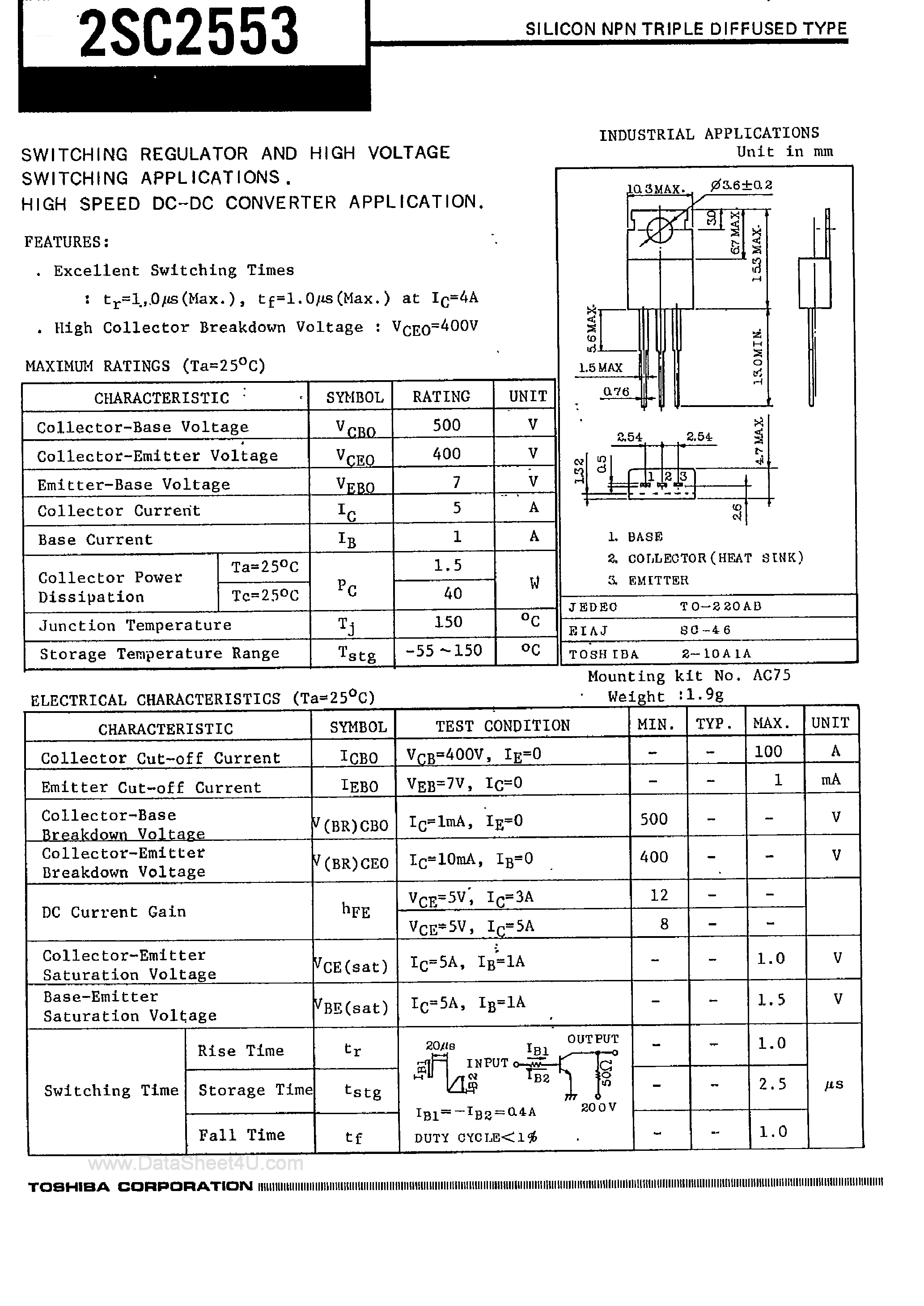 Datasheet 2SC2553 page 1 Datasheet 2SC2553 - Silicon NPN Triple Diffysed Type page 1