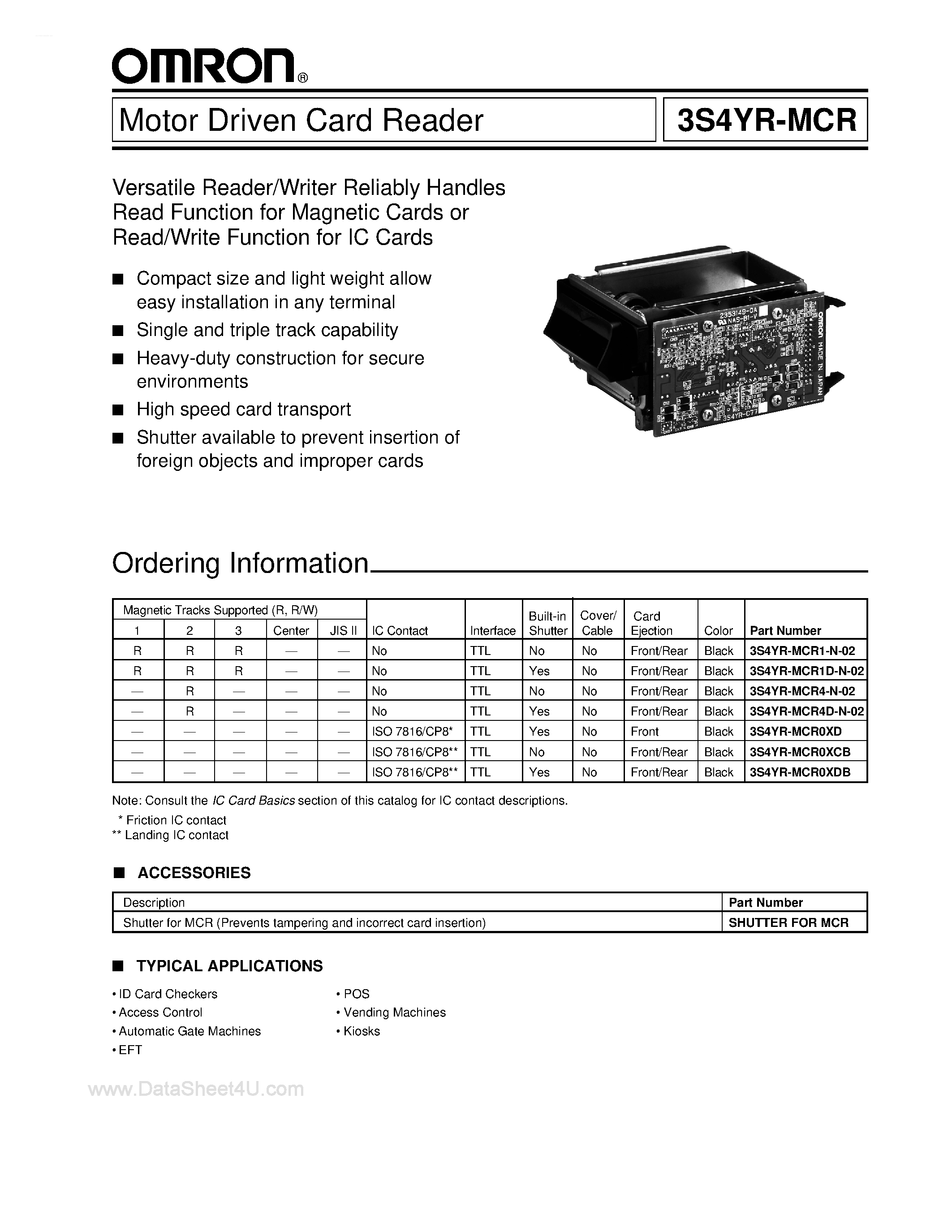 Datasheet 3S4YR-MCR page 1 Datasheet 3S4YR-MCR - Motor Driven Card Reader page 1