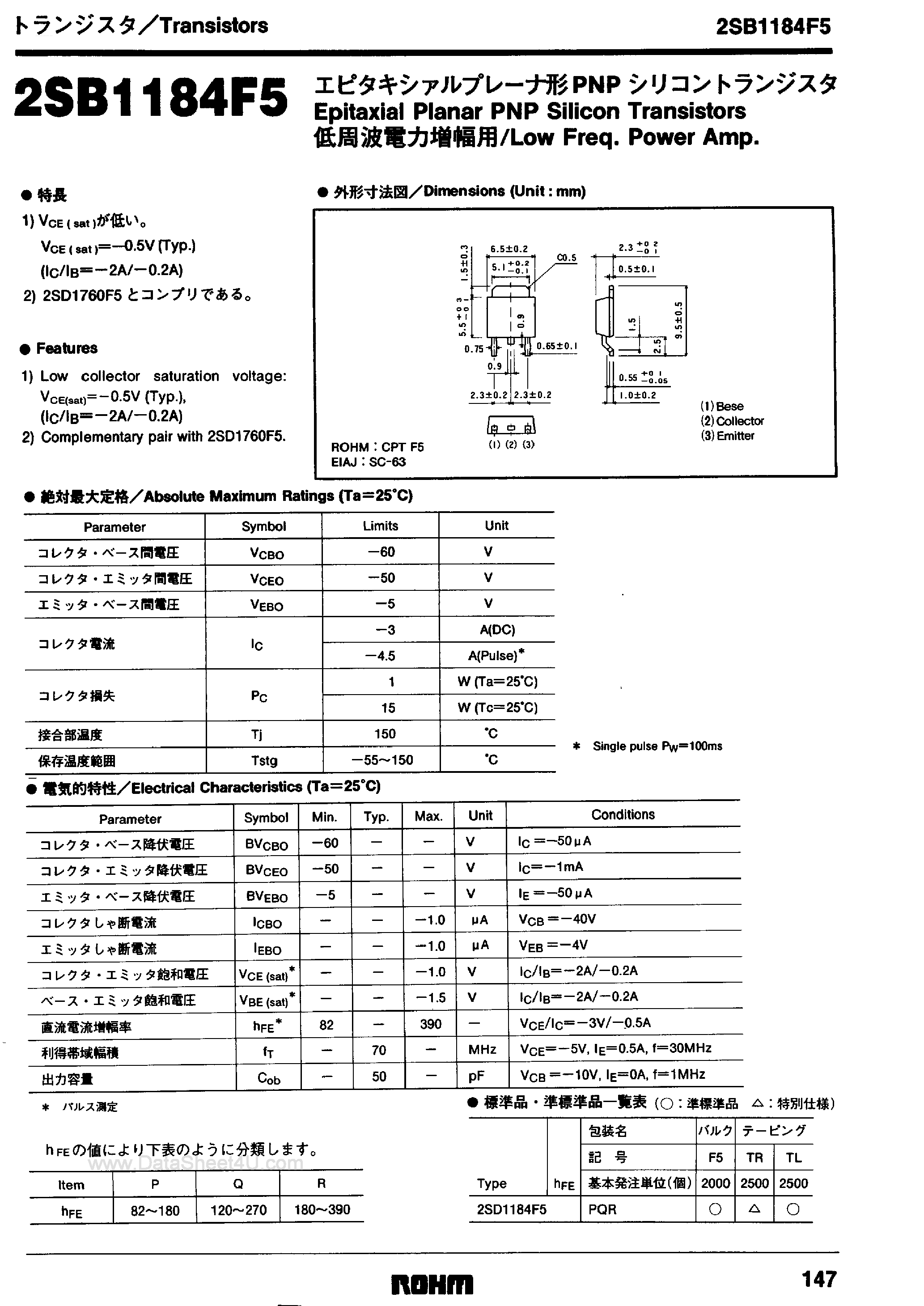 Даташит 2SB1184F5 - Epitaxial Planar PNP Silicon Transistors страница 1